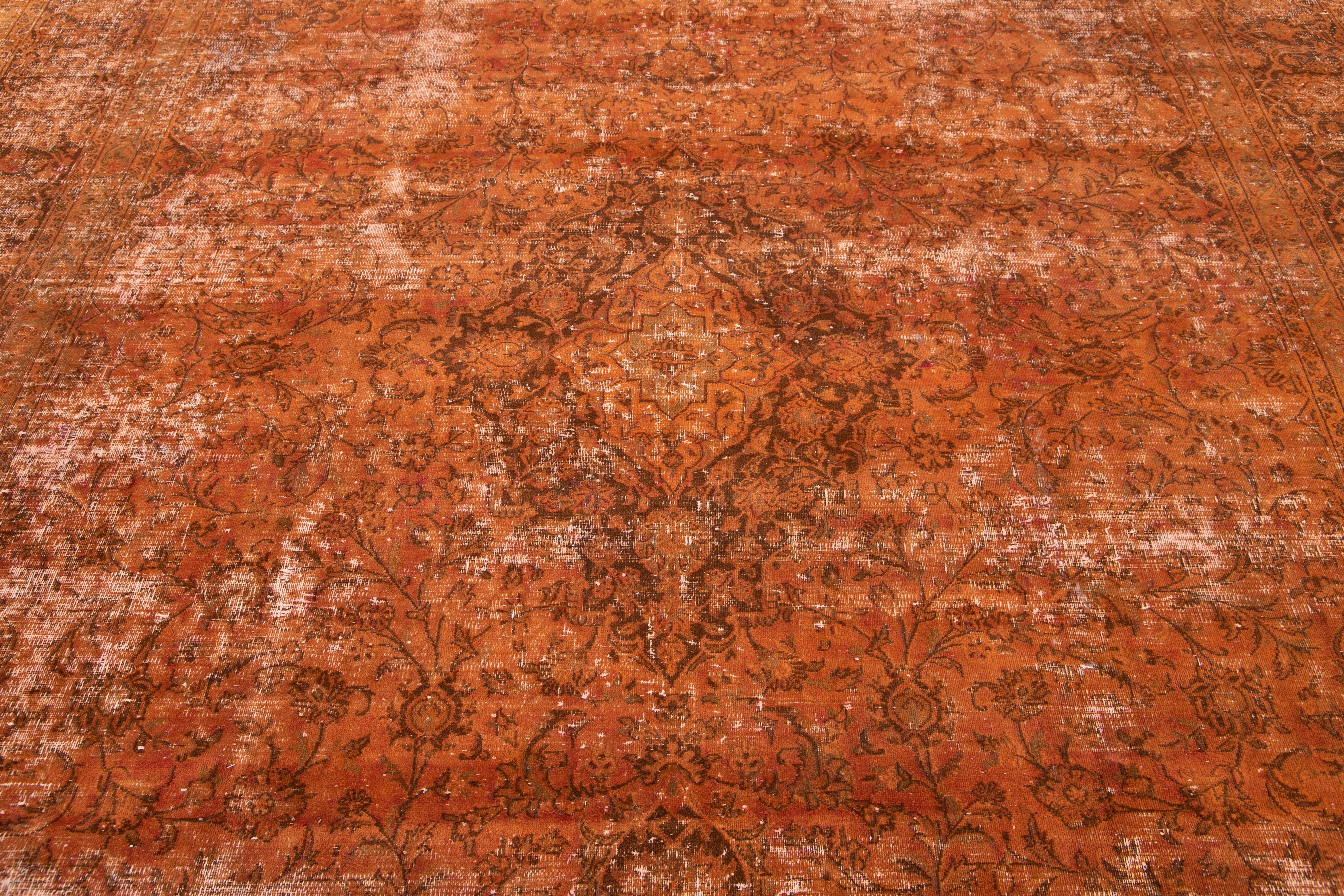 Vintage Overdyed Orange Room Size Wool Rug. 9'9