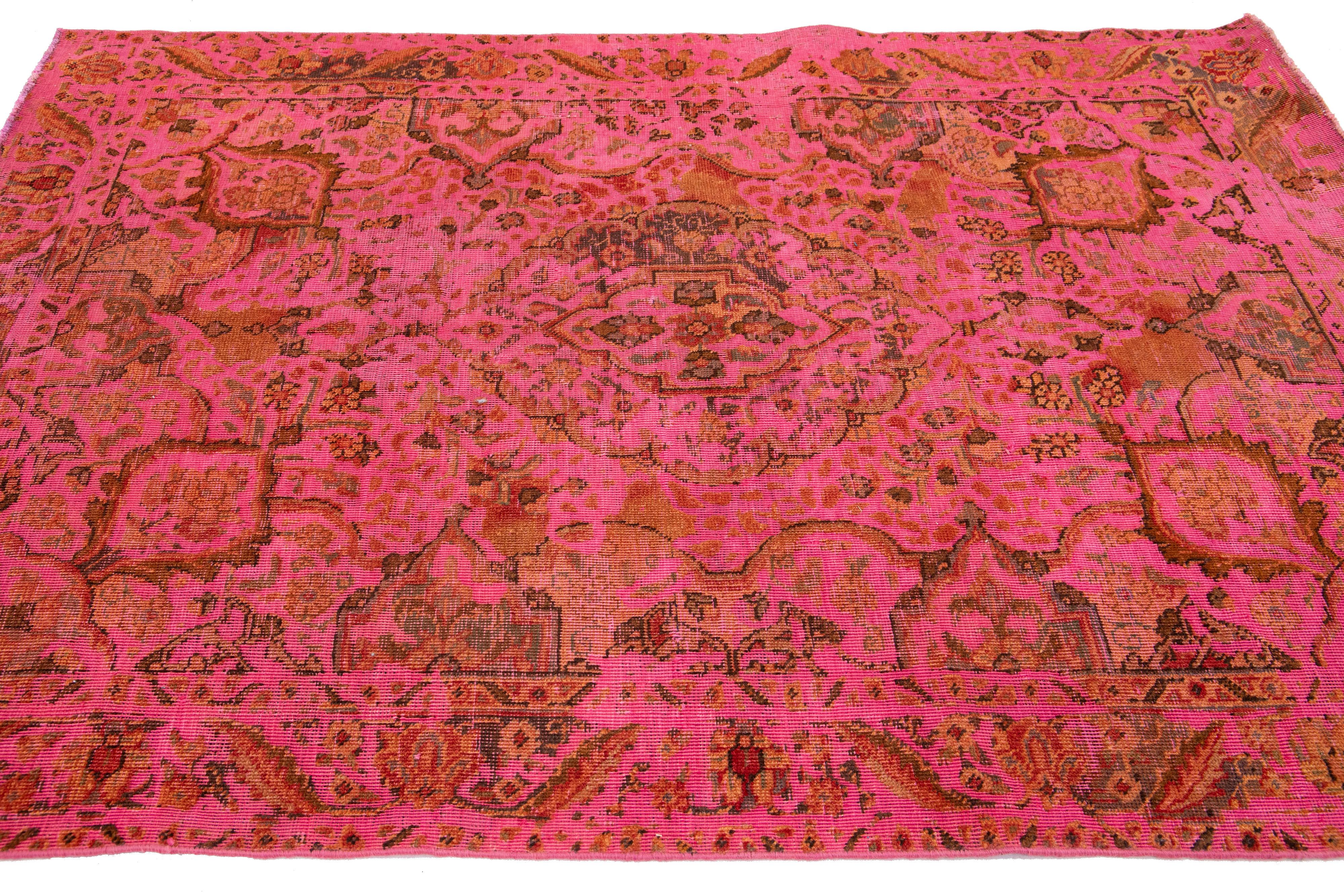 Vintage Overdyed Persian Wool Rug In Pink With Floral Motif For Sale 1