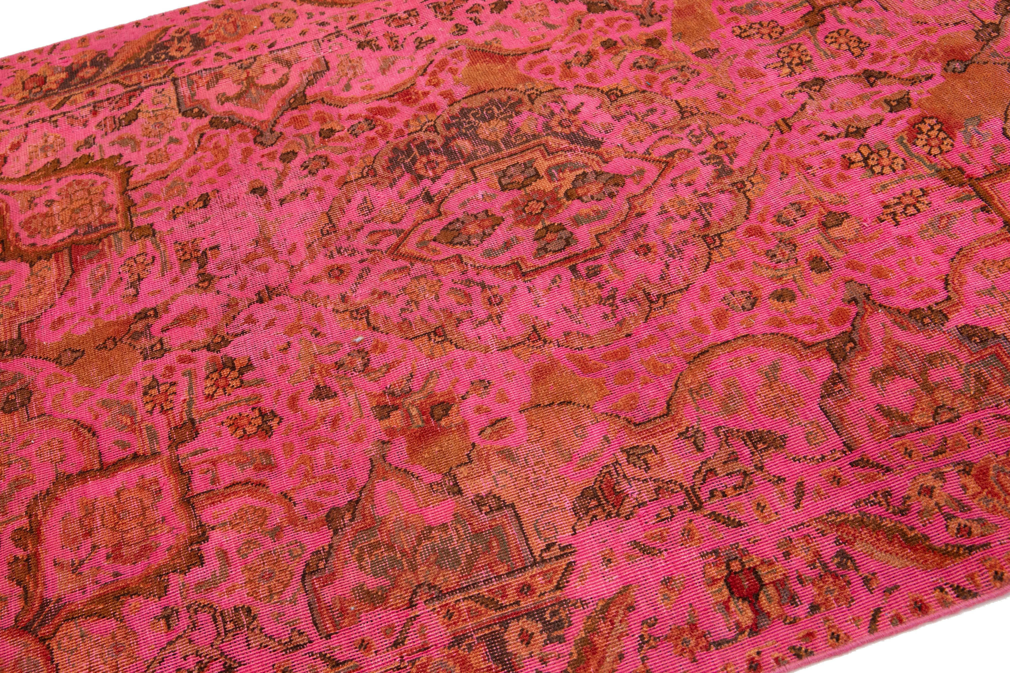 Vintage Overdyed Persian Wool Rug In Pink With Floral Motif For Sale 2