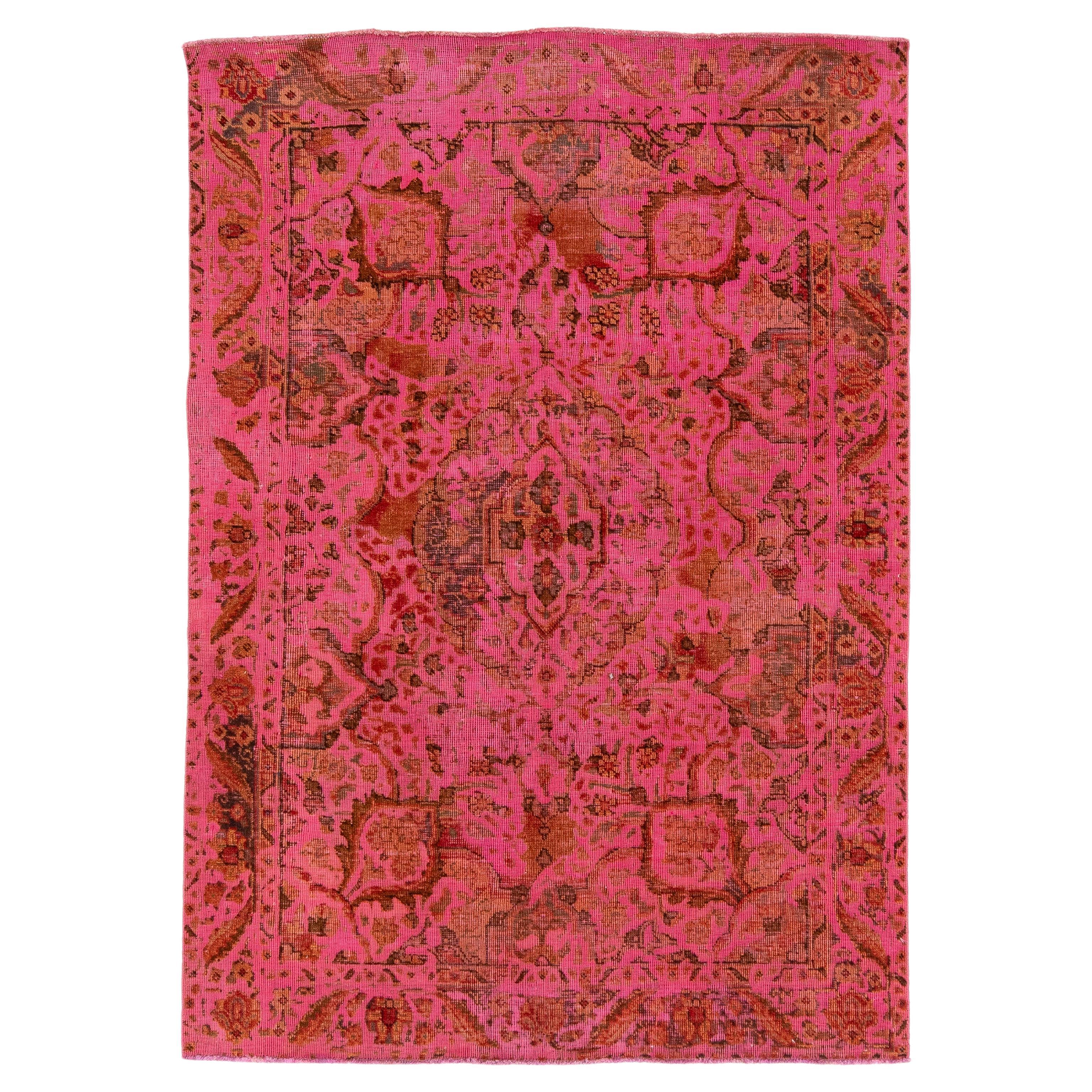 Vintage Overdyed Persian Wool Rug In Pink With Floral Motif For Sale