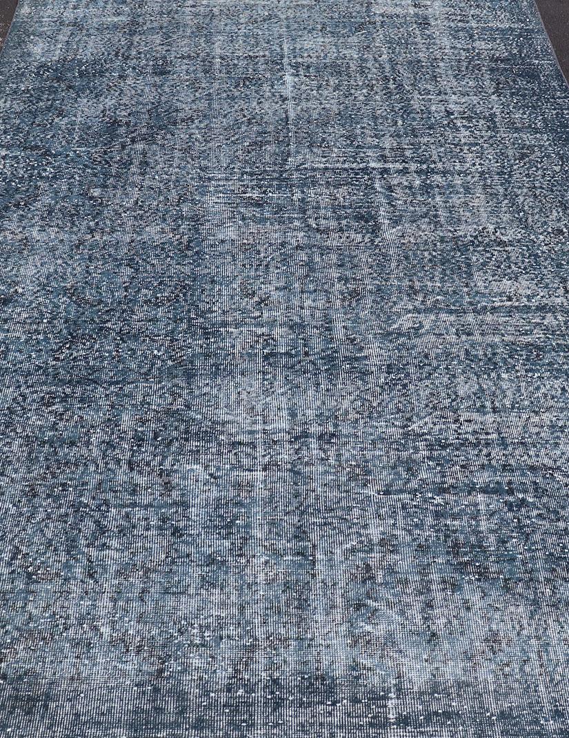 Hand-Knotted Vintage Overdyed Turkish Oushak Rug with Floral Design in Charcoal and Blues For Sale