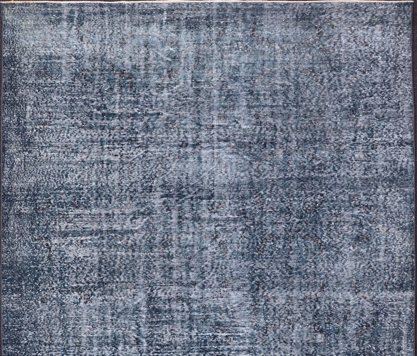 Wool Vintage Overdyed Turkish Oushak Rug with Floral Design in Charcoal and Blues For Sale
