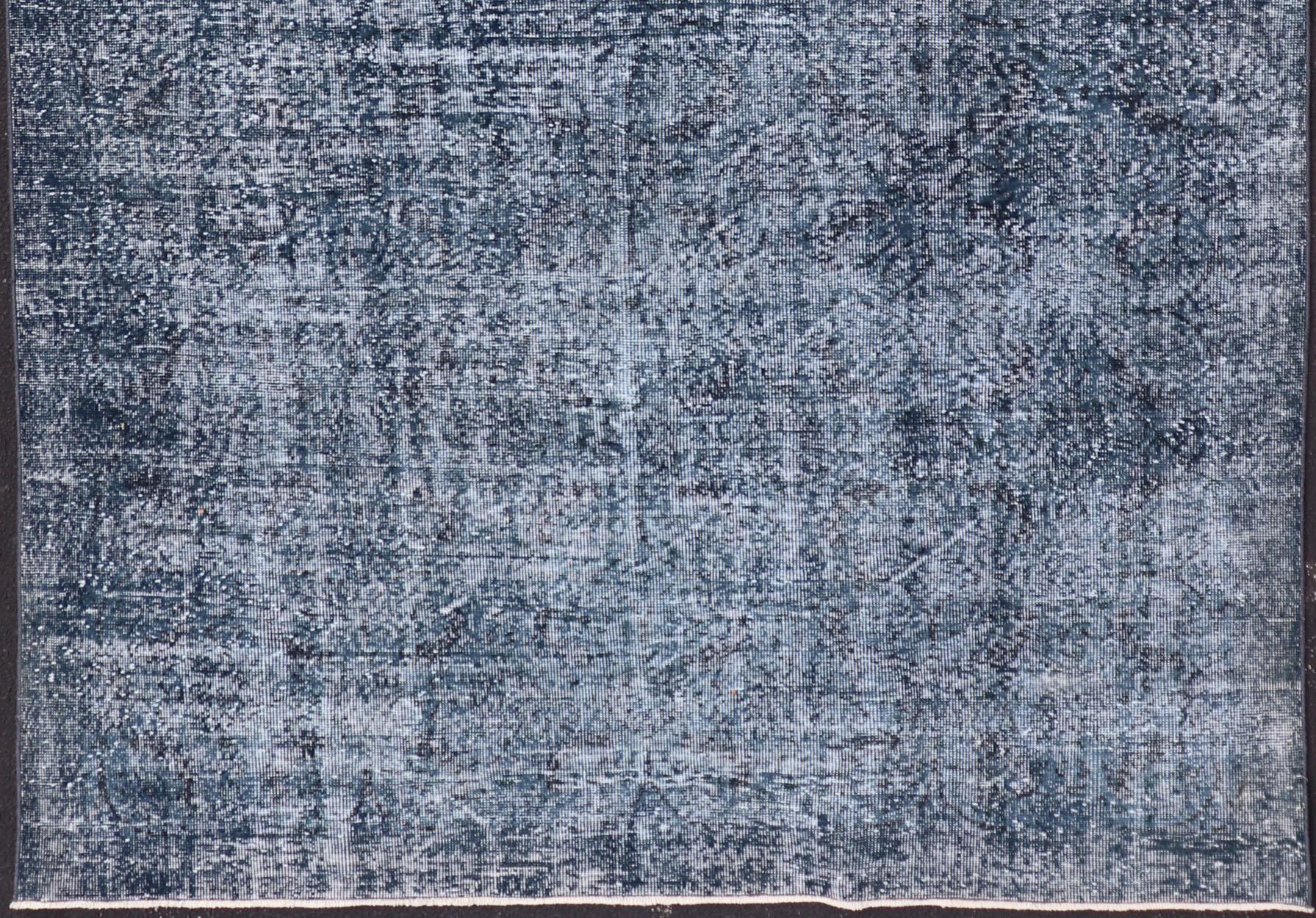 Vintage Overdyed Turkish Oushak Rug with Floral Design in Charcoal and Blues For Sale 2