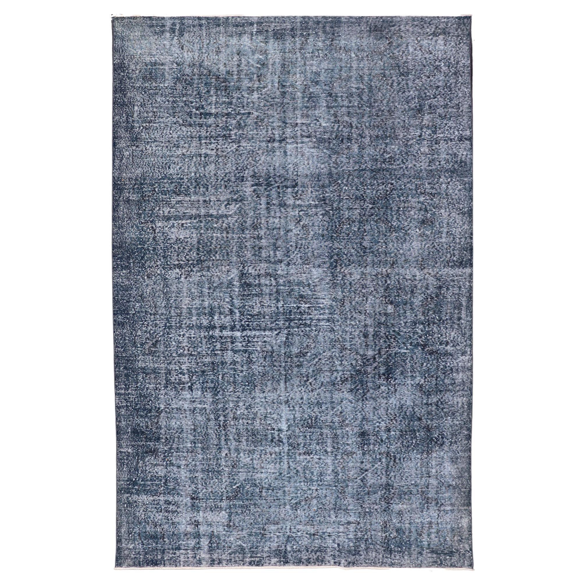 Vintage Overdyed Turkish Oushak Rug with Floral Design in Charcoal and Blues For Sale