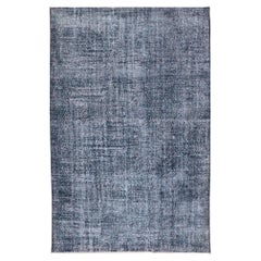 Retro Overdyed Turkish Oushak Rug with Floral Design in Charcoal and Blues