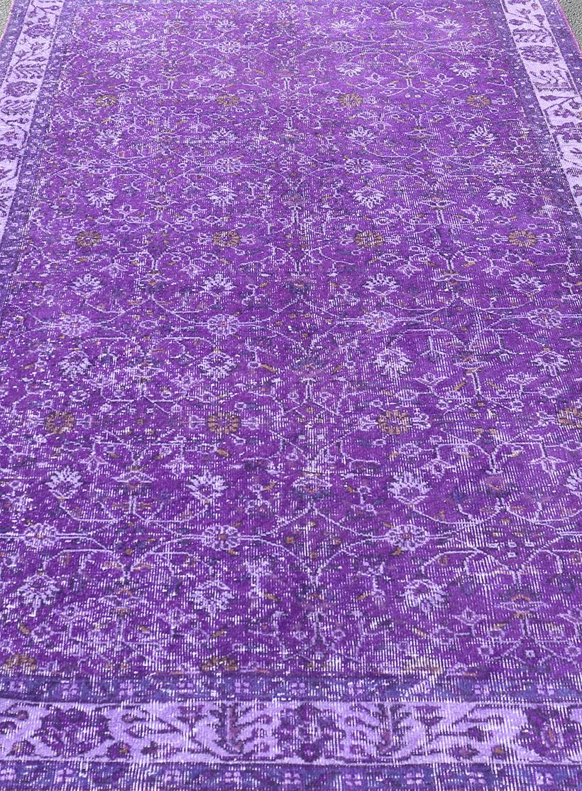 Wool Vintage Overdyed Turkish Oushak with All-Over Floral Design in Purples For Sale