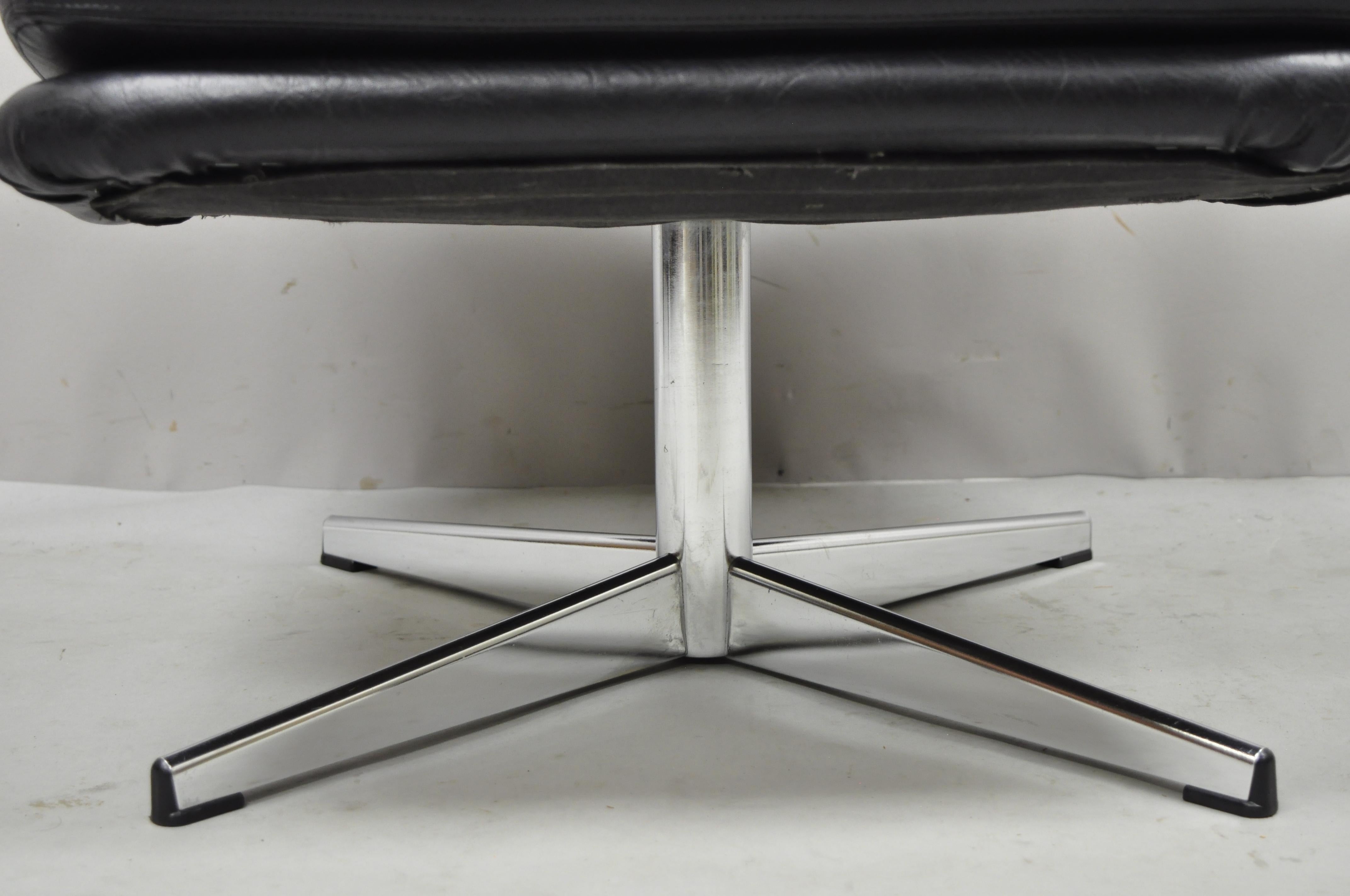 Mid-Century Modern Vintage Overman Swivel Black Vinyl Ottoman Footstool Chrome Base to Egg Chair