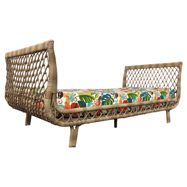Vintage Overscale Coastal Rattan Daybed Lounge, Reupholstered For Sale