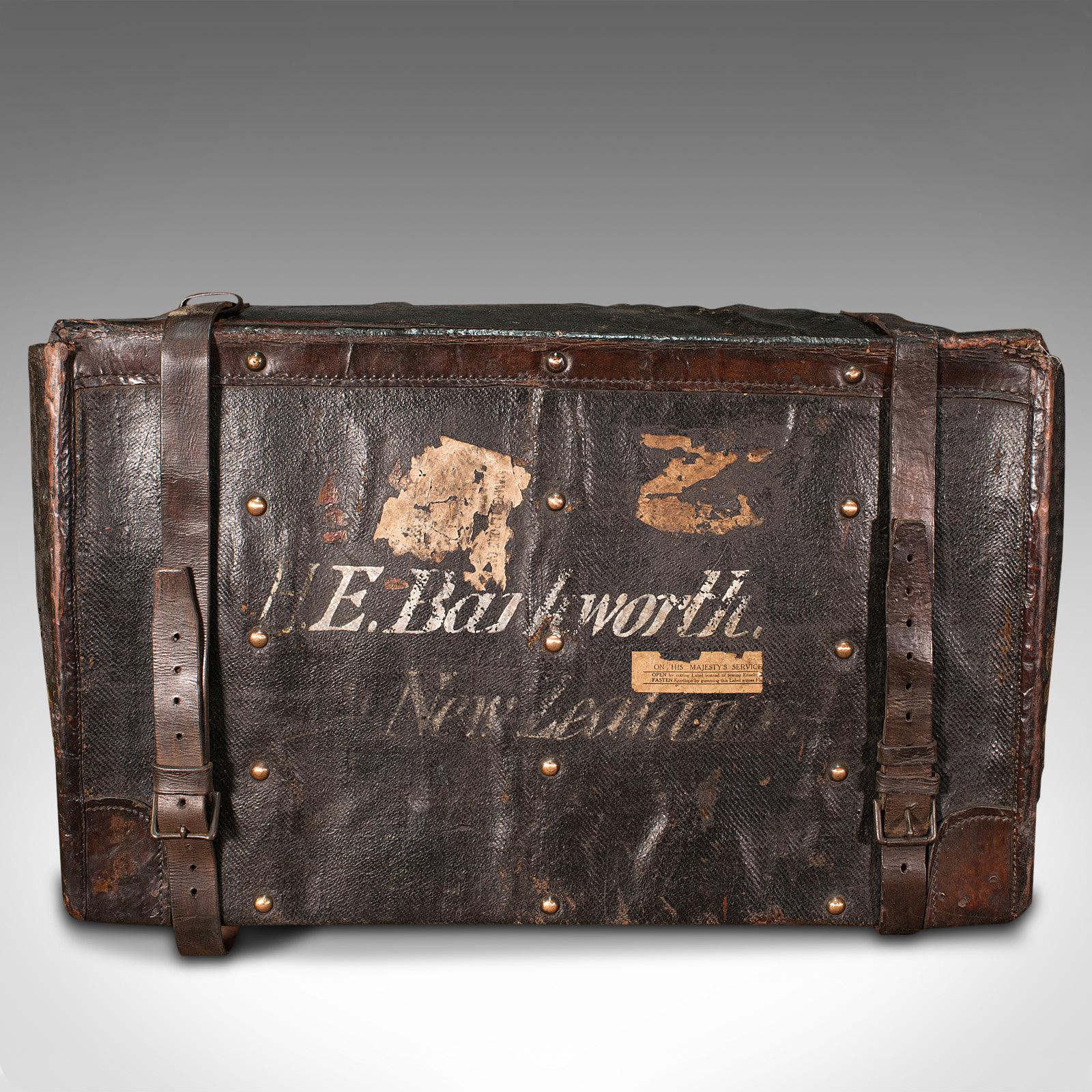 British Vintage Overseas Voyage Trunk, English, Leather, Travel Case, Luggage, C.1930 For Sale