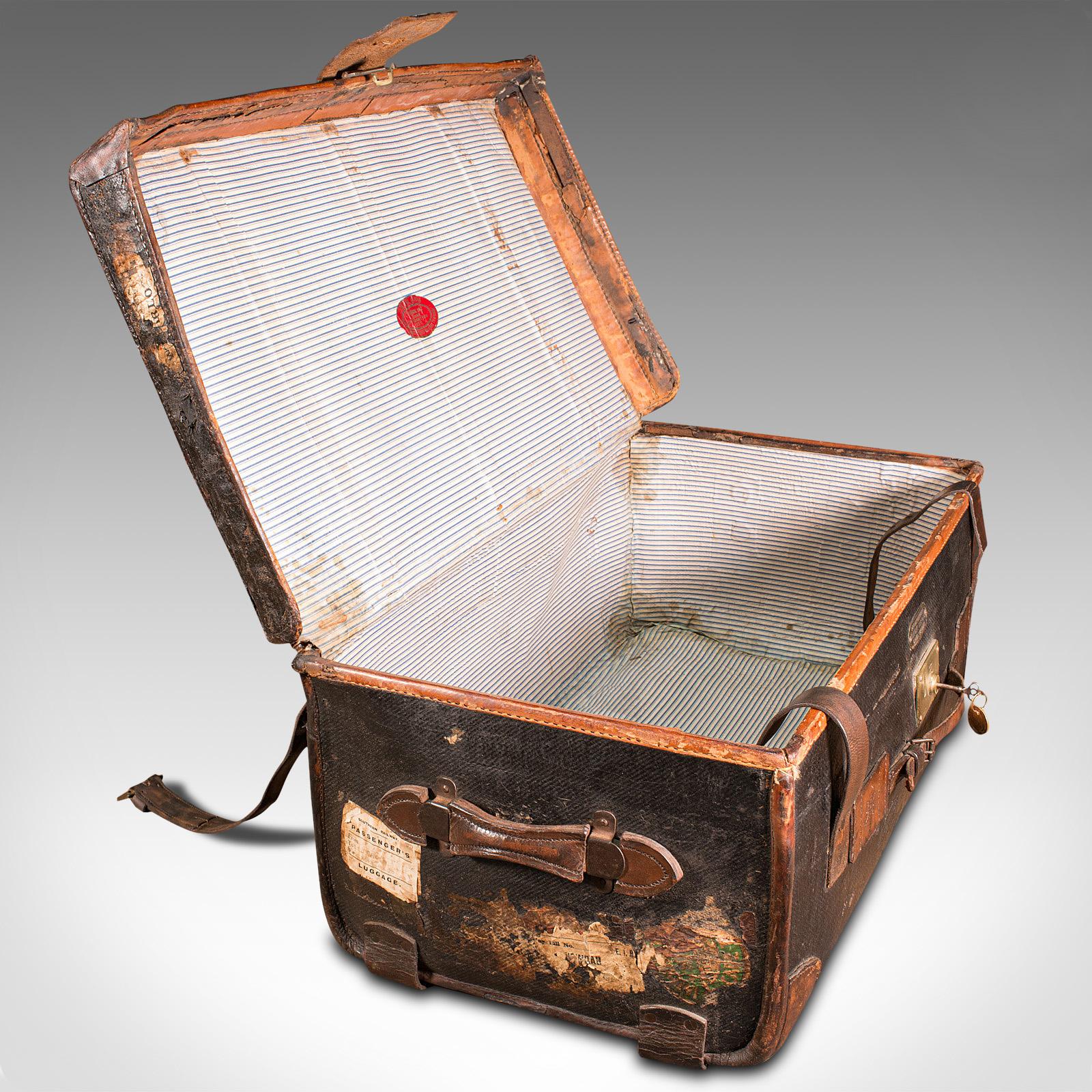 20th Century Vintage Overseas Voyage Trunk, English, Leather, Travel Case, Luggage, C.1930 For Sale