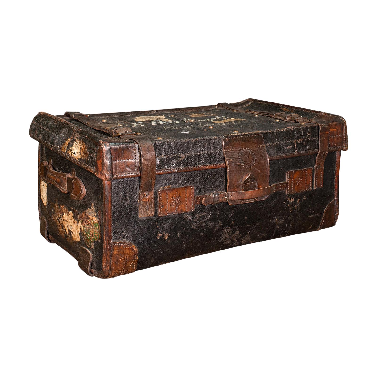 Vintage Overseas Voyage Trunk, English, Leather, Travel Case, Luggage, C.1930