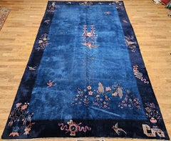 Vintage Oversize Chinese Art Deco Rug in Blue With Phoenix & Symbolic Motifs