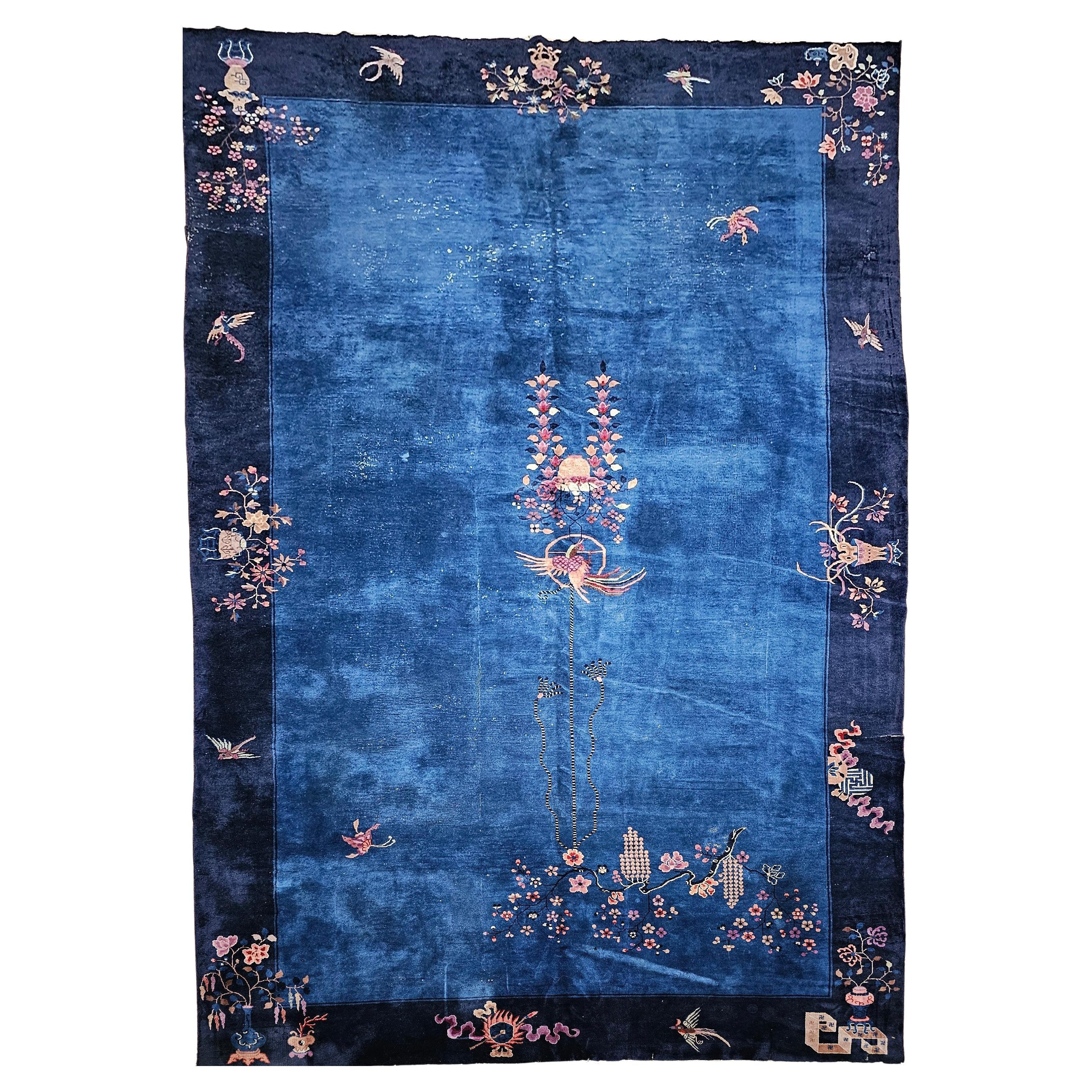 Vintage Oversize Chinese Art Deco Rug in Blue With Phoenix & Symbolic Motifs