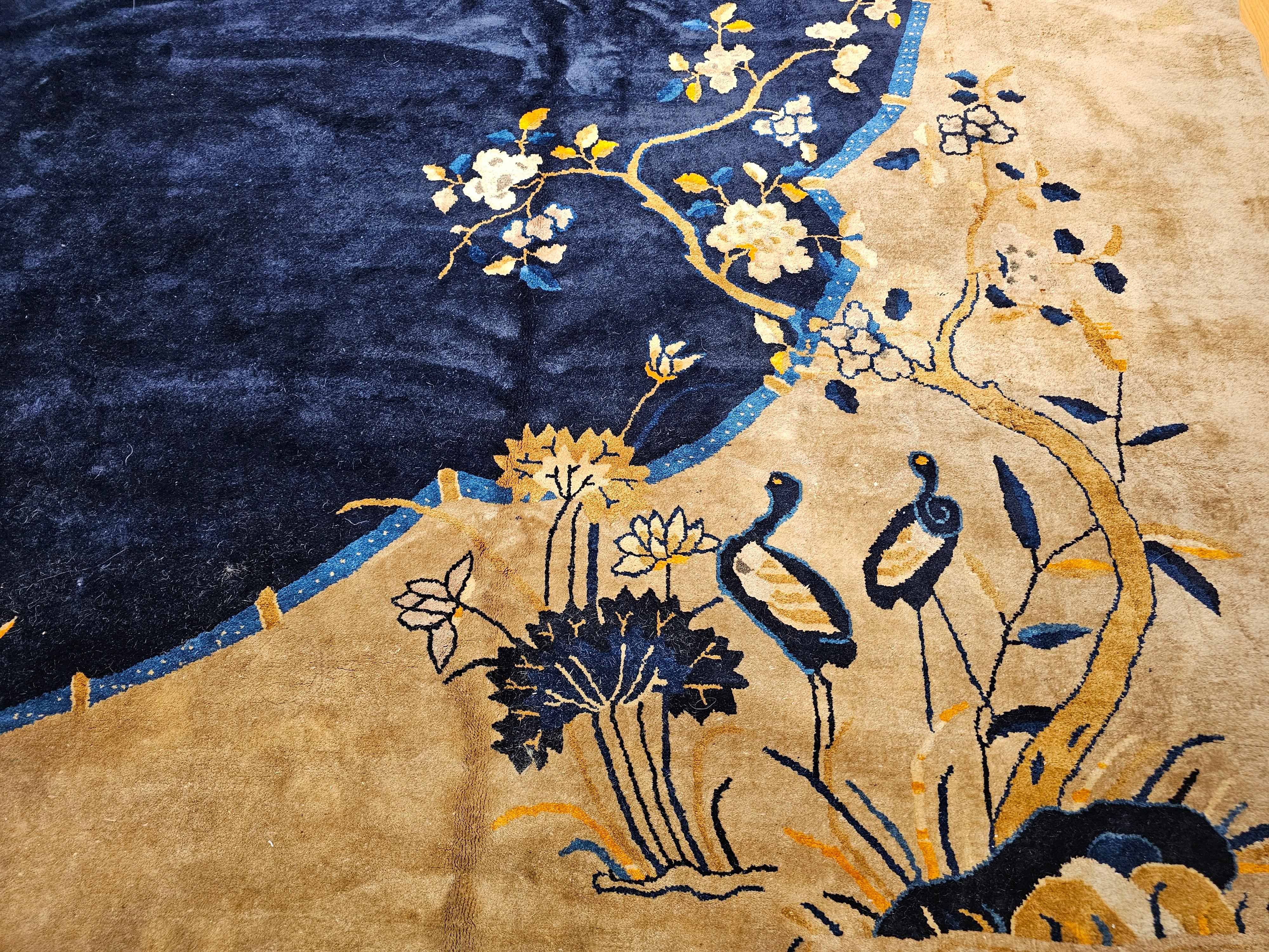 Oversized Chinese Art Deco Rug with Birds & Butterflies on Navy Field For Sale 4