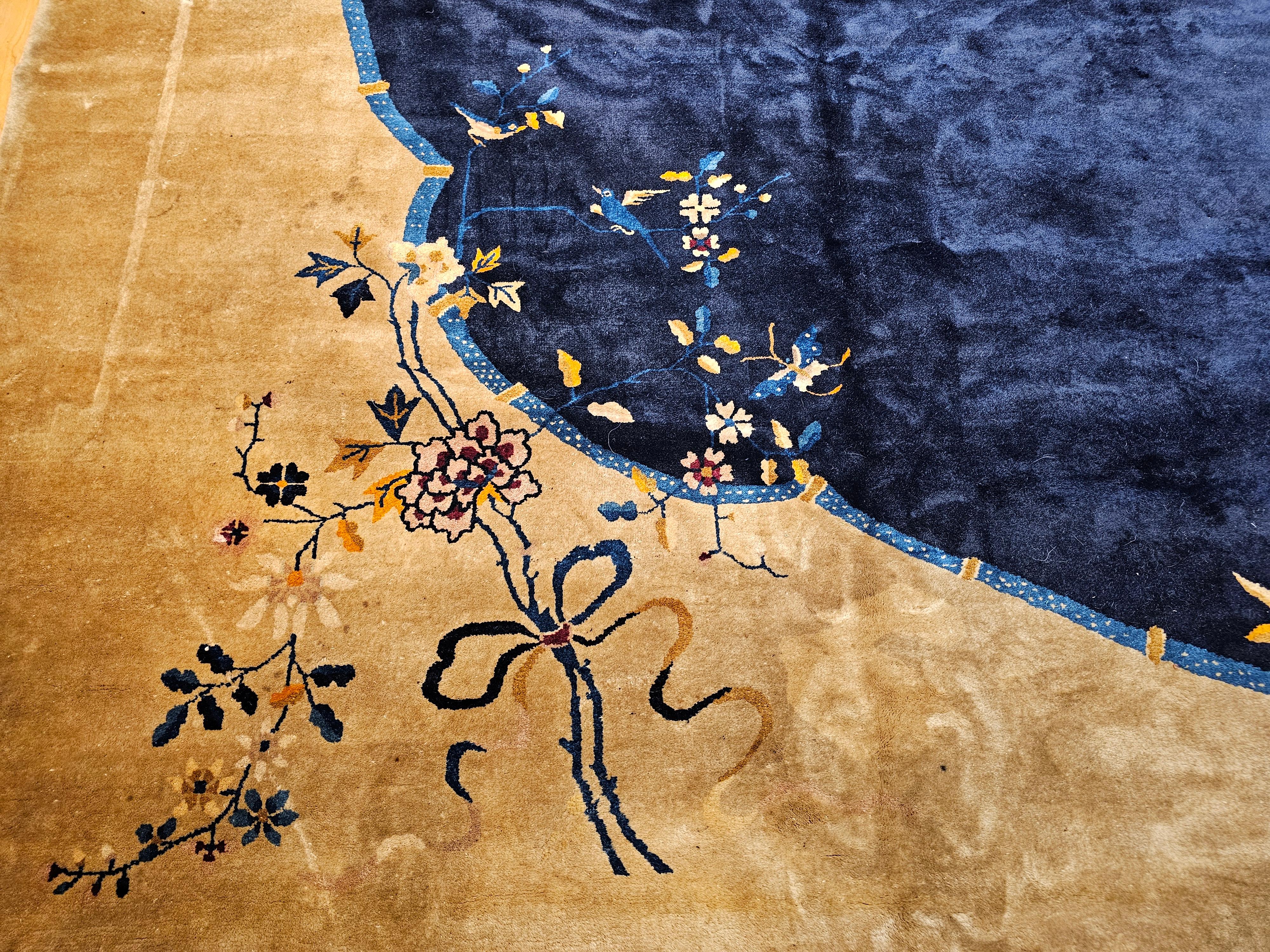 Oversized Chinese Art Deco Rug with Birds & Butterflies on Navy Field For Sale 5