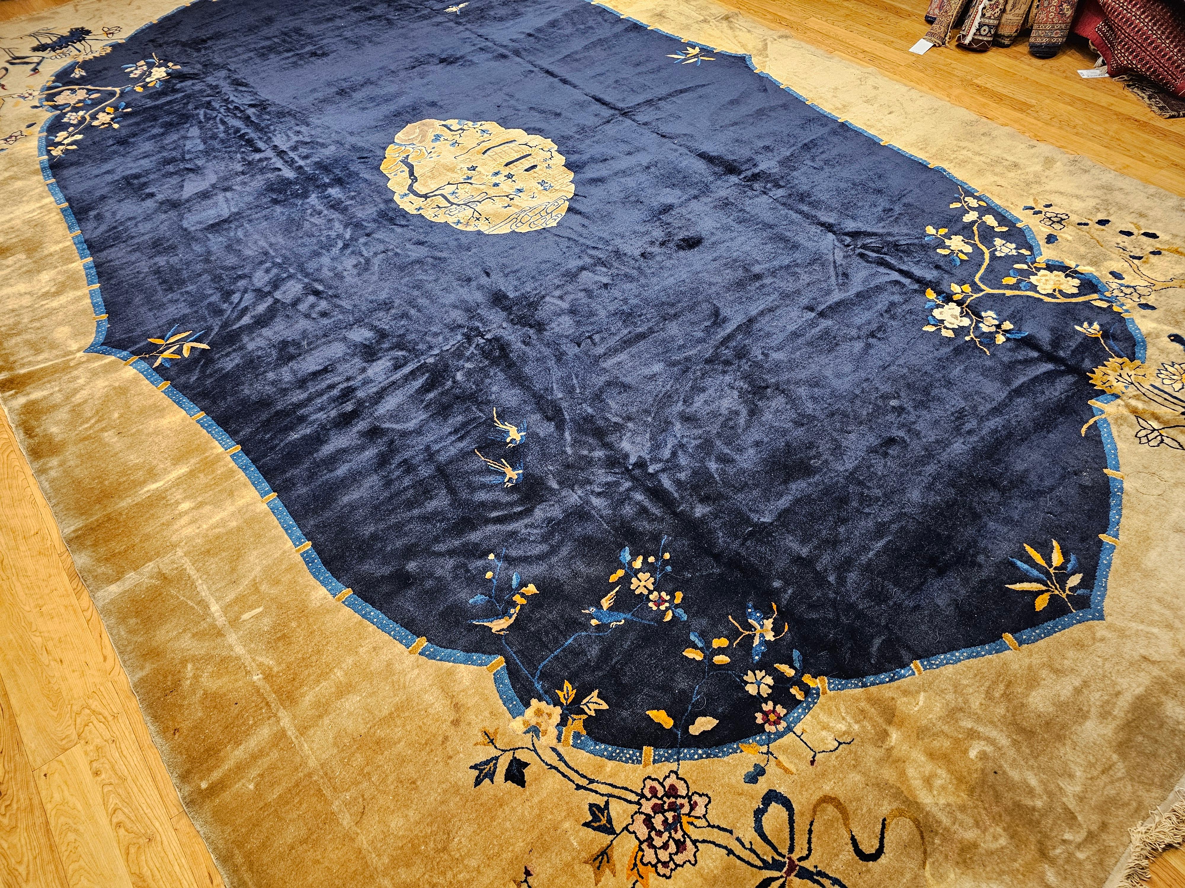 Oversized Chinese Art Deco Rug with Birds & Butterflies on Navy Field For Sale 6