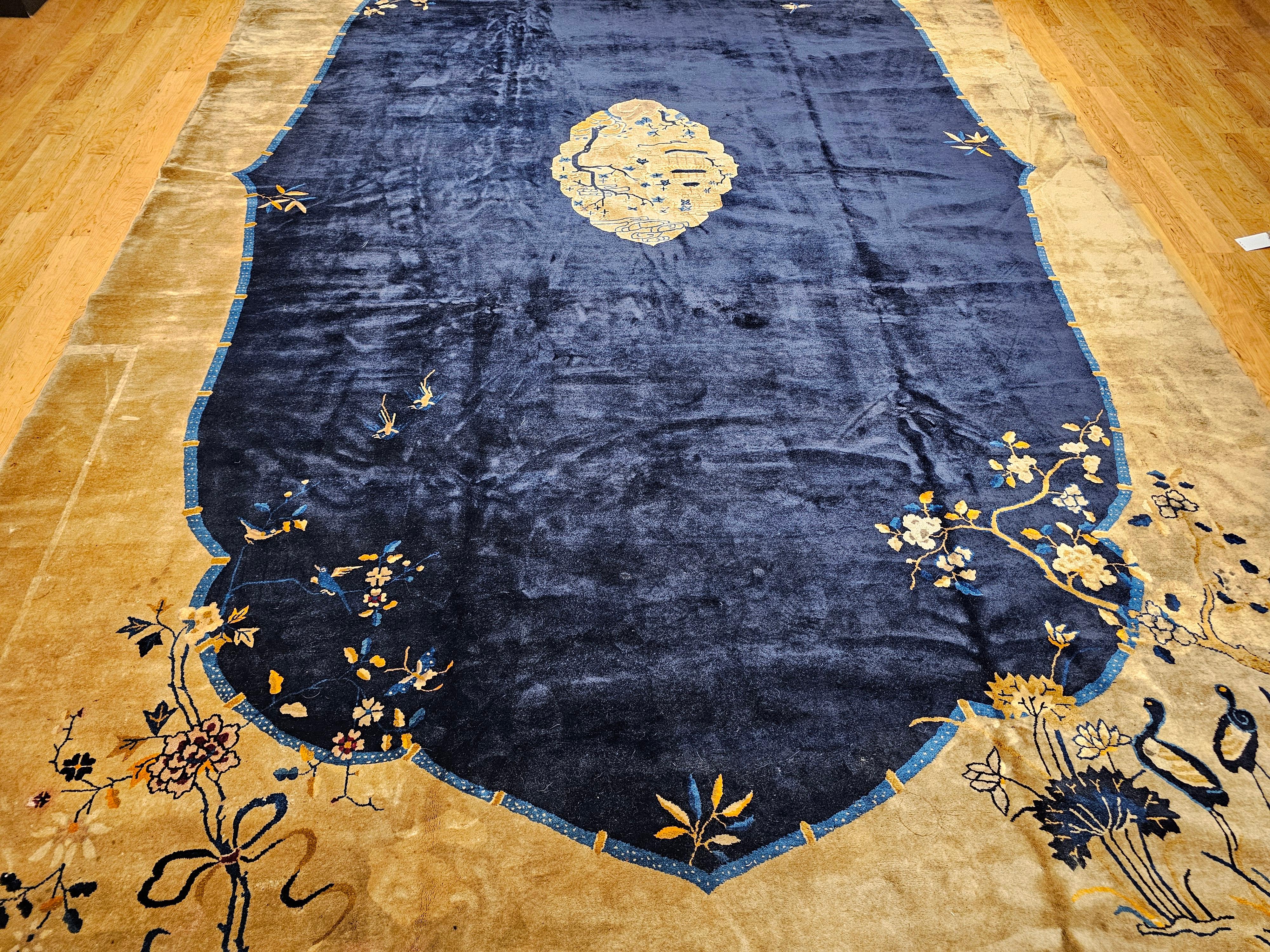 Oversized Chinese Art Deco Rug with Birds & Butterflies on Navy Field For Sale 7