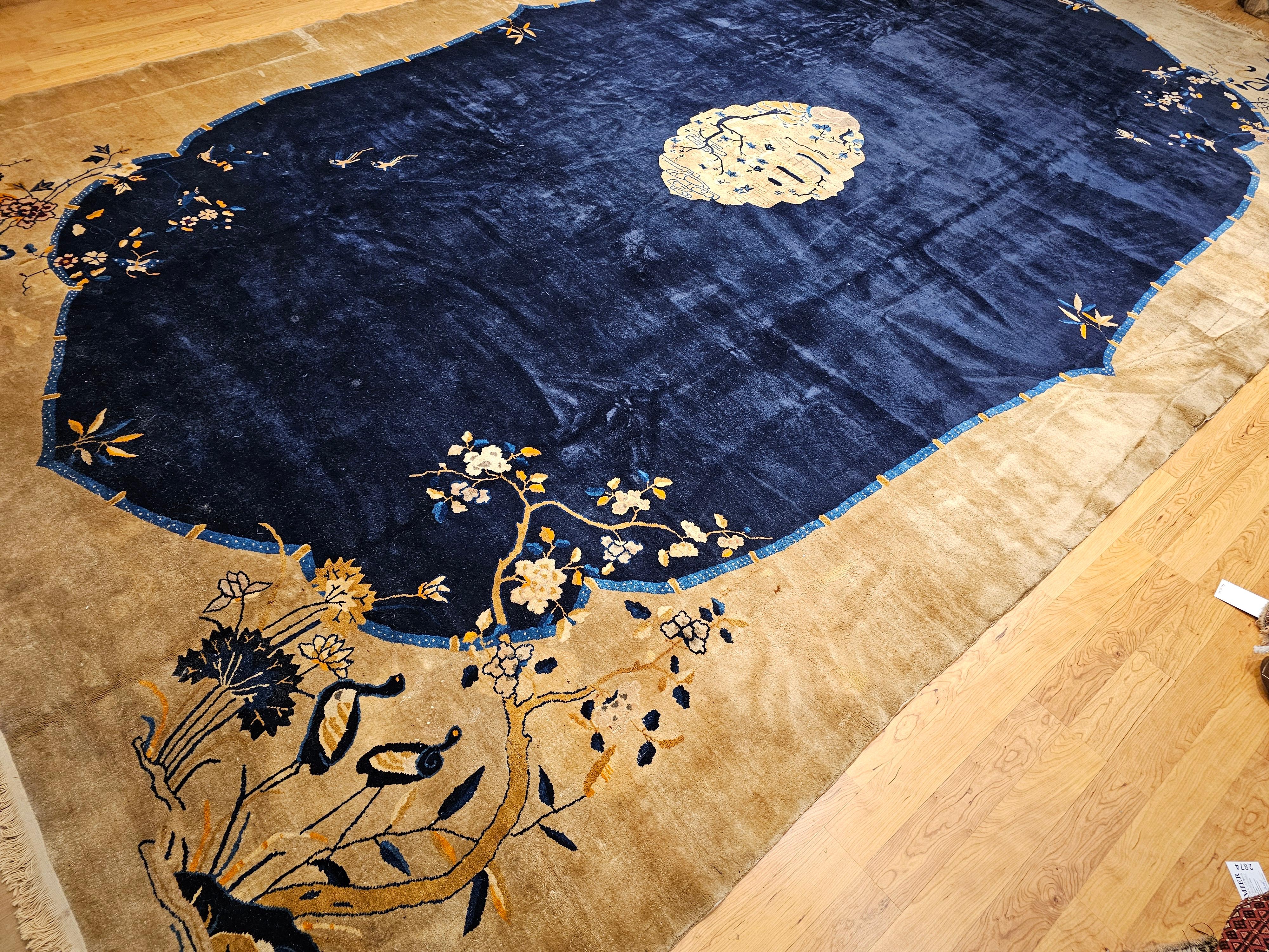 Oversized Chinese Art Deco Rug with Birds & Butterflies on Navy Field For Sale 8