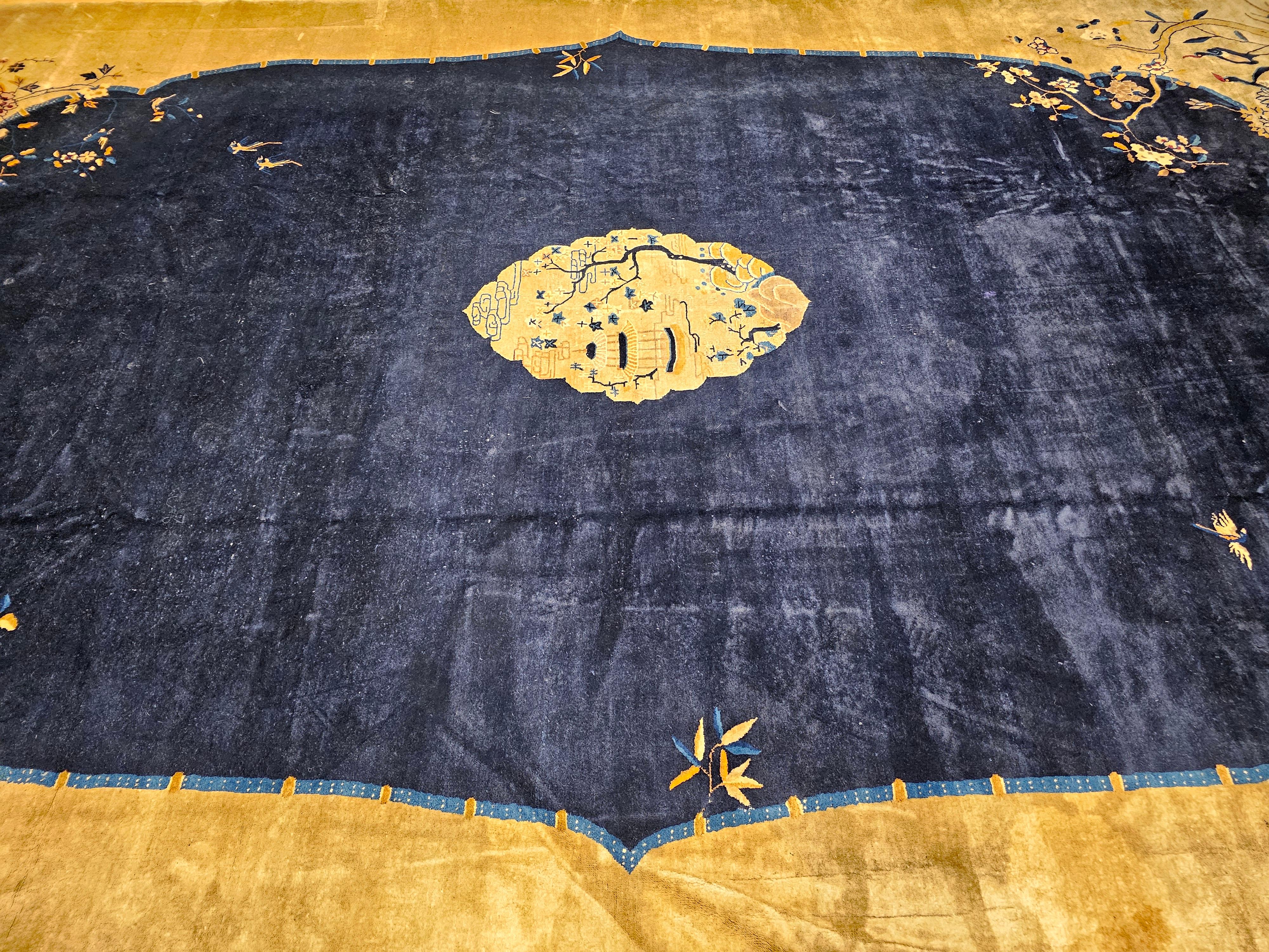 Oversized Chinese Art Deco Rug with Birds & Butterflies on Navy Field For Sale 9
