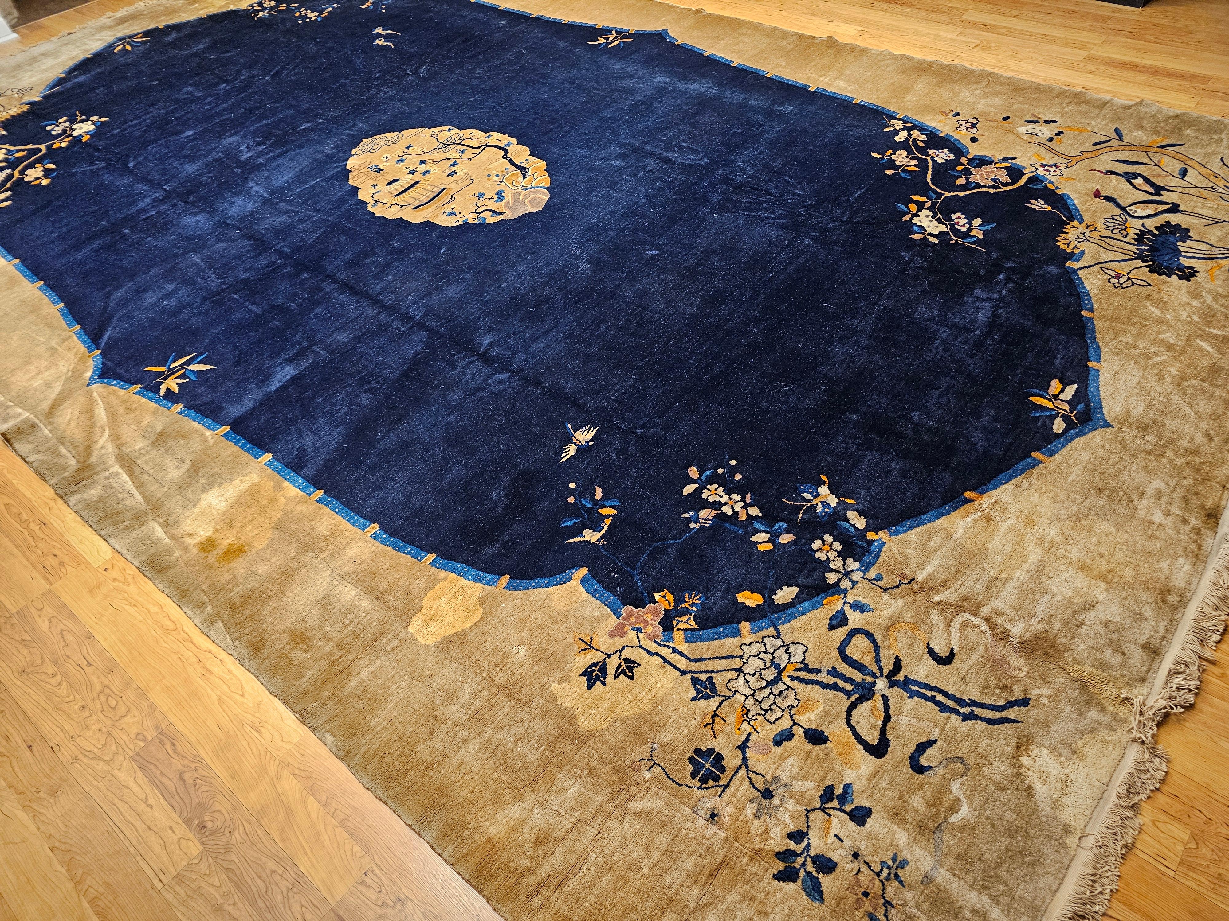 Oversized Chinese Art Deco Rug with Birds & Butterflies on Navy Field For Sale 10