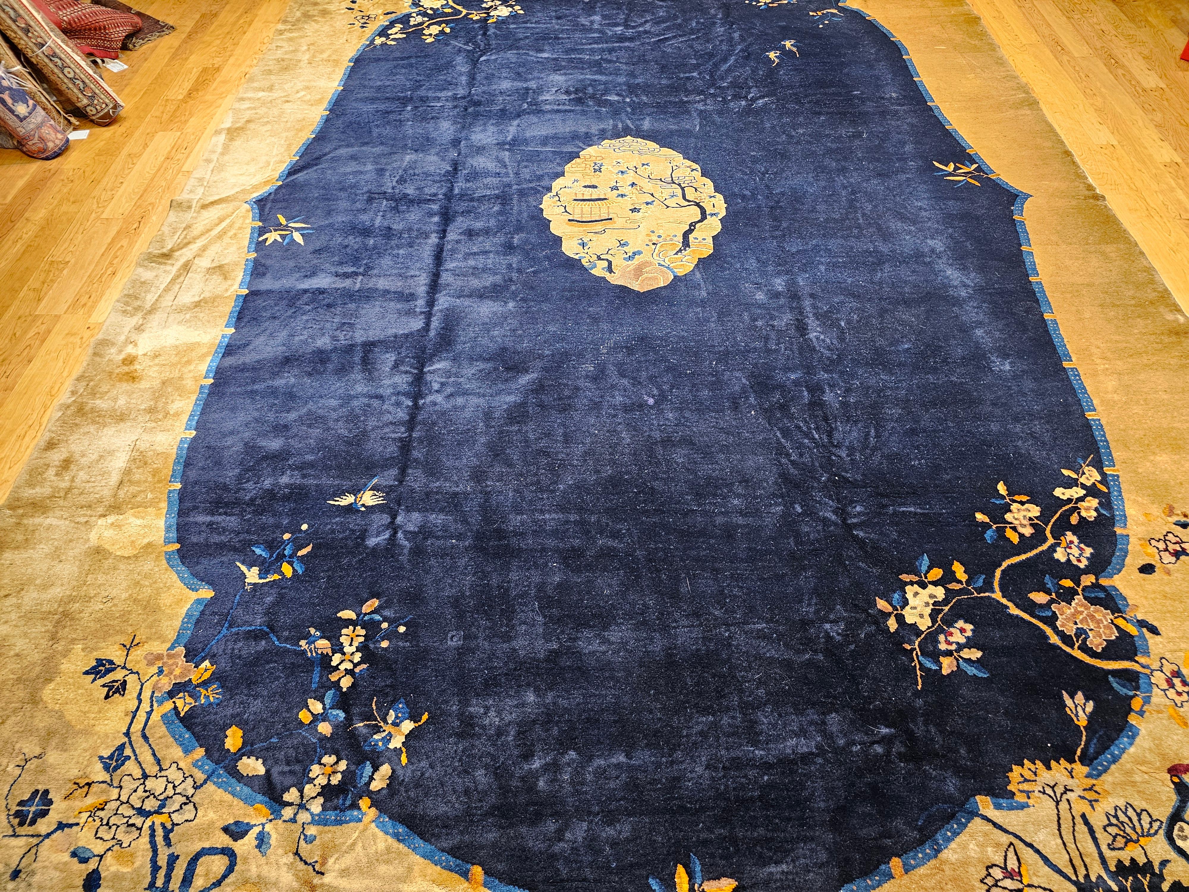 Oversized Chinese Art Deco Rug with Birds & Butterflies on Navy Field For Sale 11