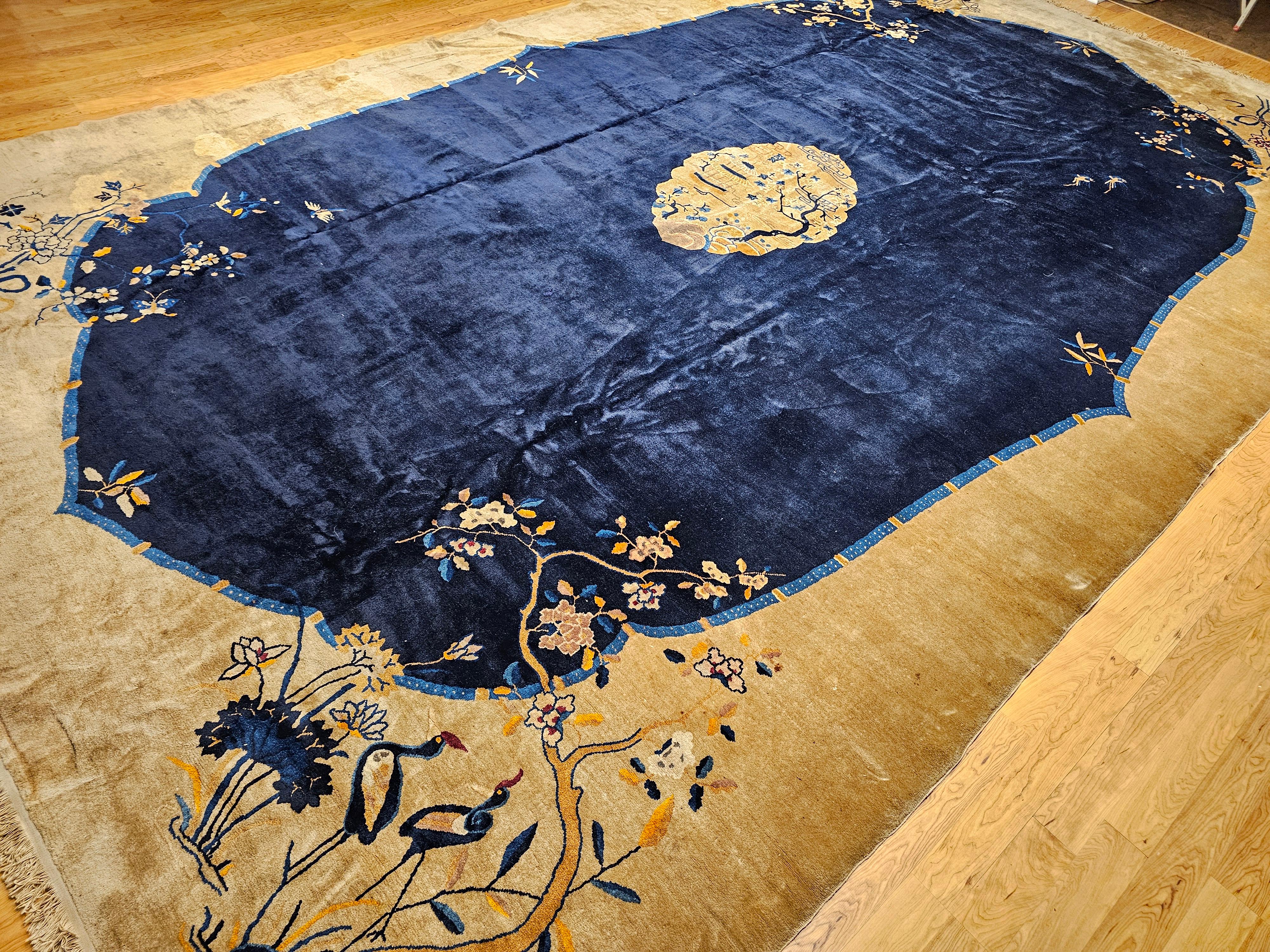 Oversized Chinese Art Deco Rug with Birds & Butterflies on Navy Field For Sale 12