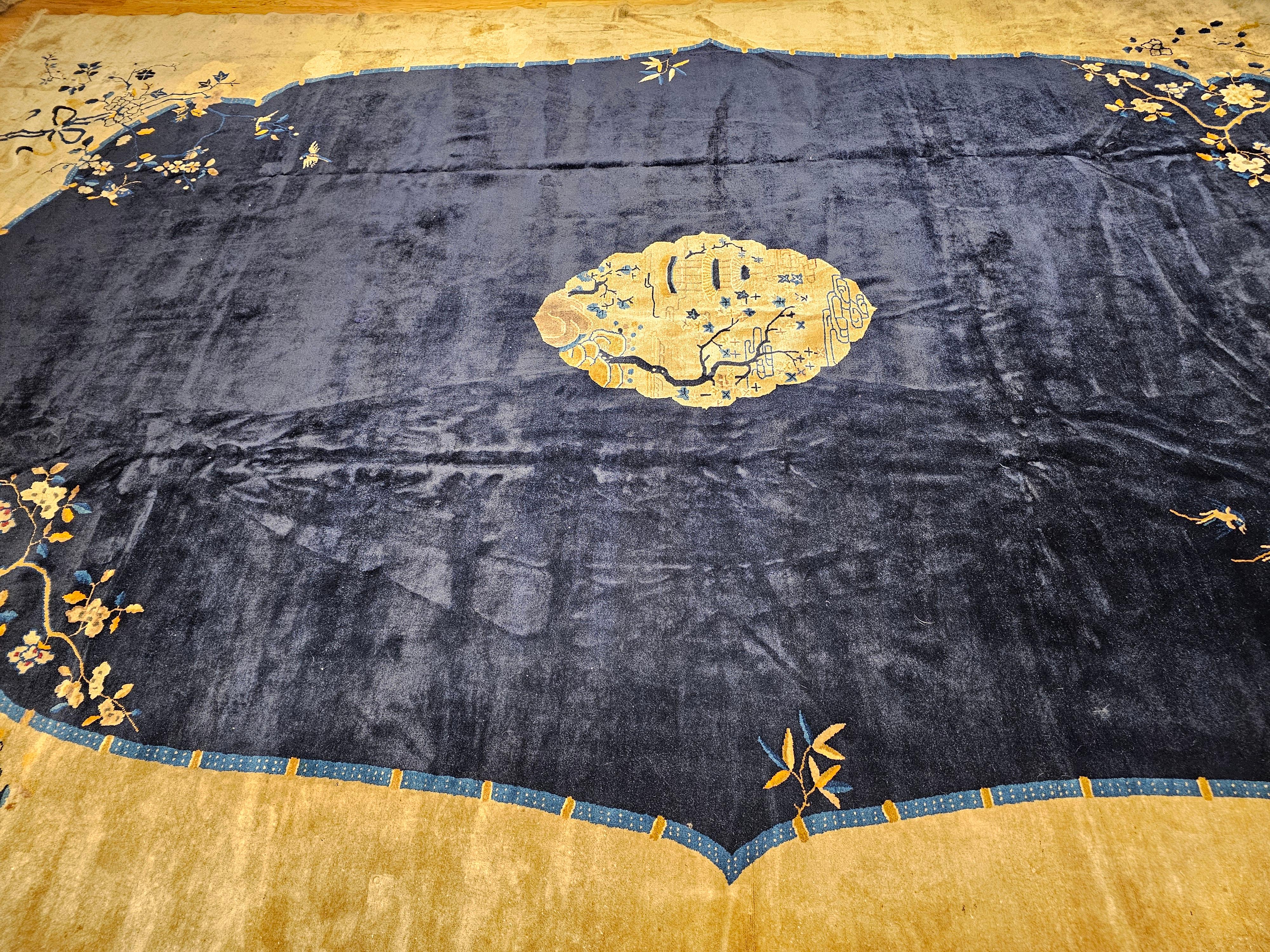 Oversized Chinese Art Deco Rug with Birds & Butterflies on Navy Field For Sale 13