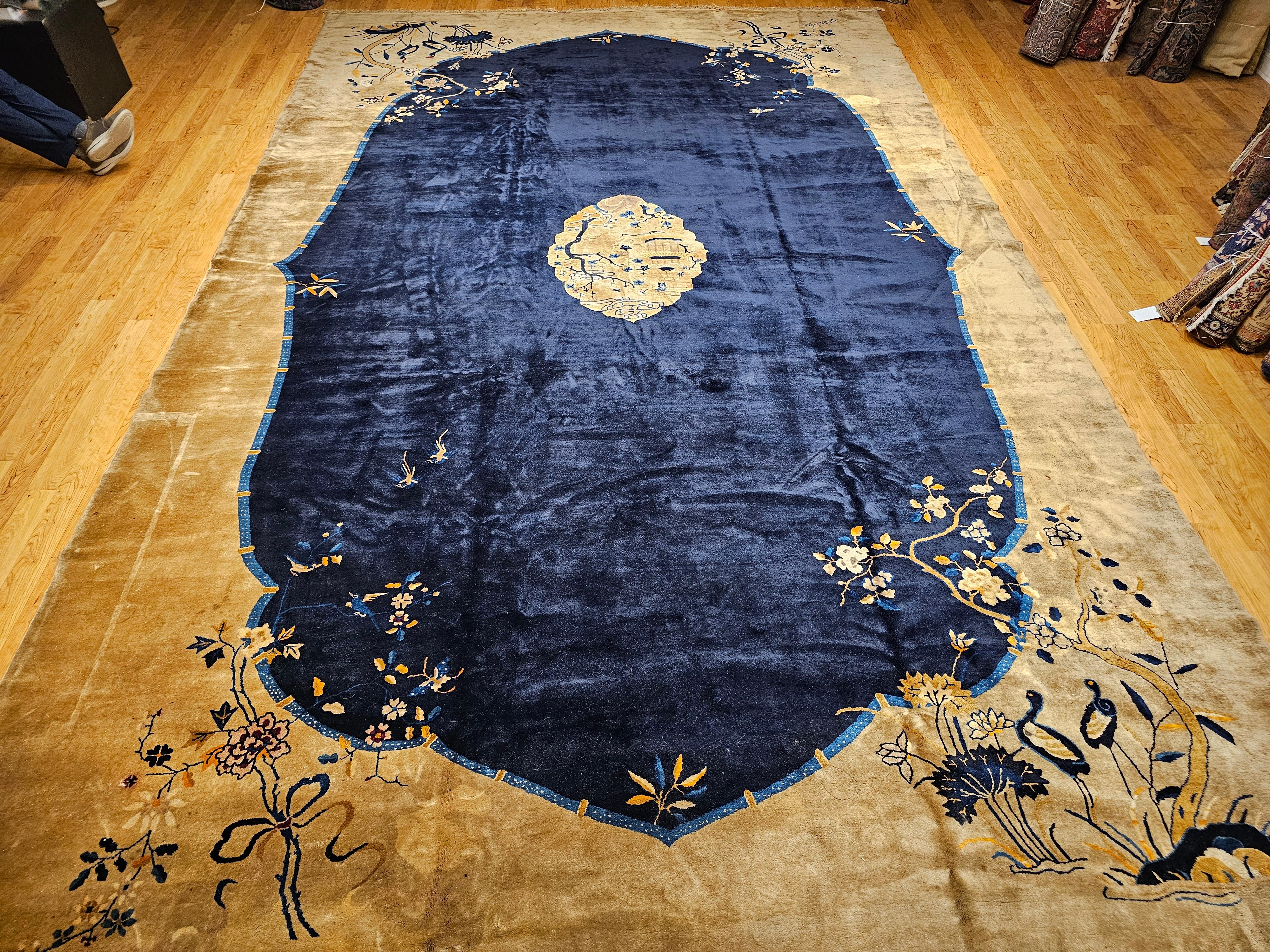 Strikingly simple and beautiful!  The  early 20th-century Chinese Art Deco rug, distinguished by its oversized format and elegant open-field design. Set against a rich navy blue background, the composition is framed by a wide tan border, creating a
