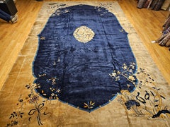 Oversized Chinese Art Deco Rug with Cranes & Butterflies in Navy, Ivory