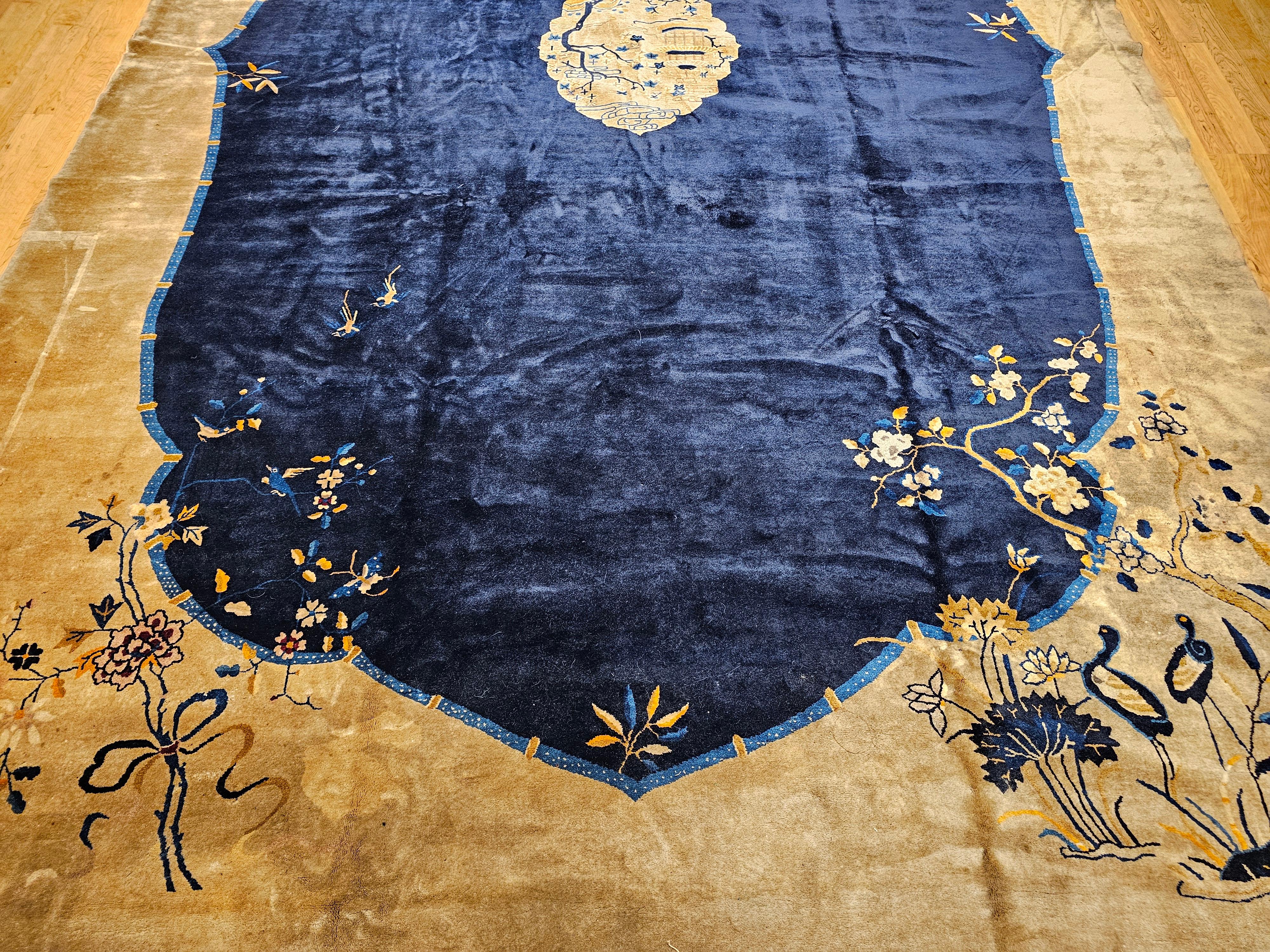 Hand-Knotted Oversized Chinese Art Deco Rug with Birds & Butterflies on Navy Field For Sale