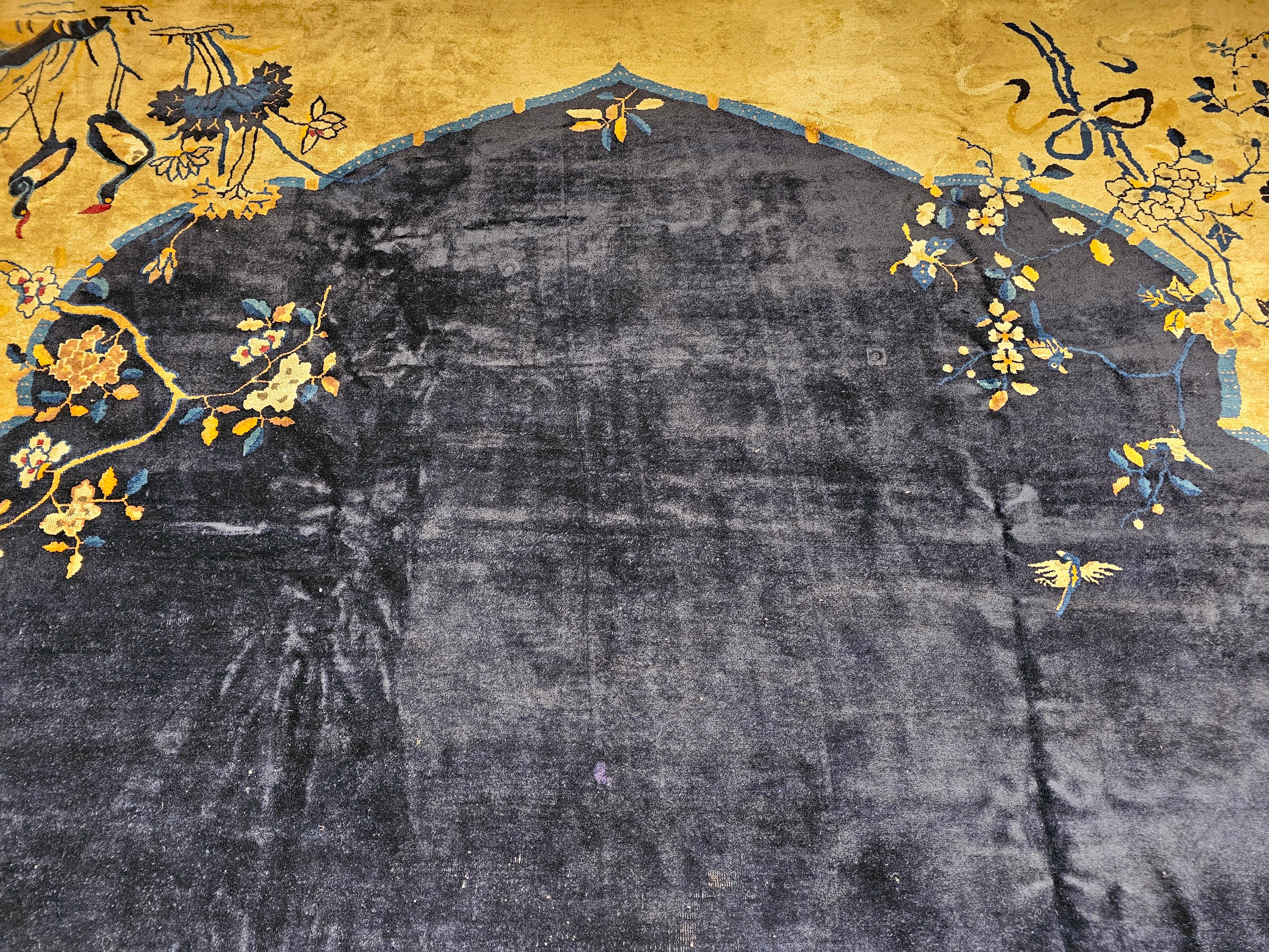 Oversized Chinese Art Deco Rug with Birds & Butterflies on Navy Field In Good Condition For Sale In Barrington, IL