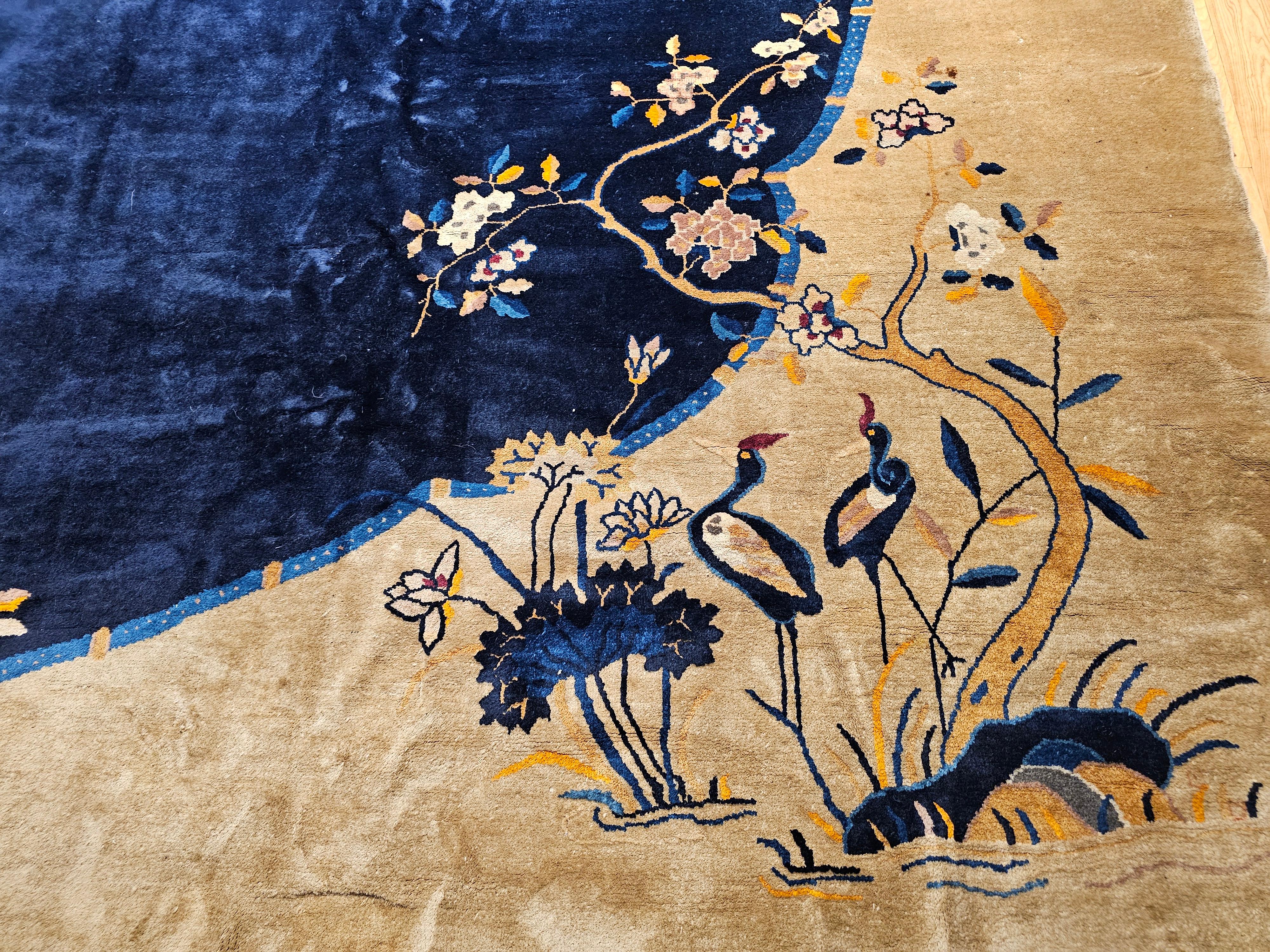 20th Century Oversized Chinese Art Deco Rug with Birds & Butterflies on Navy Field For Sale