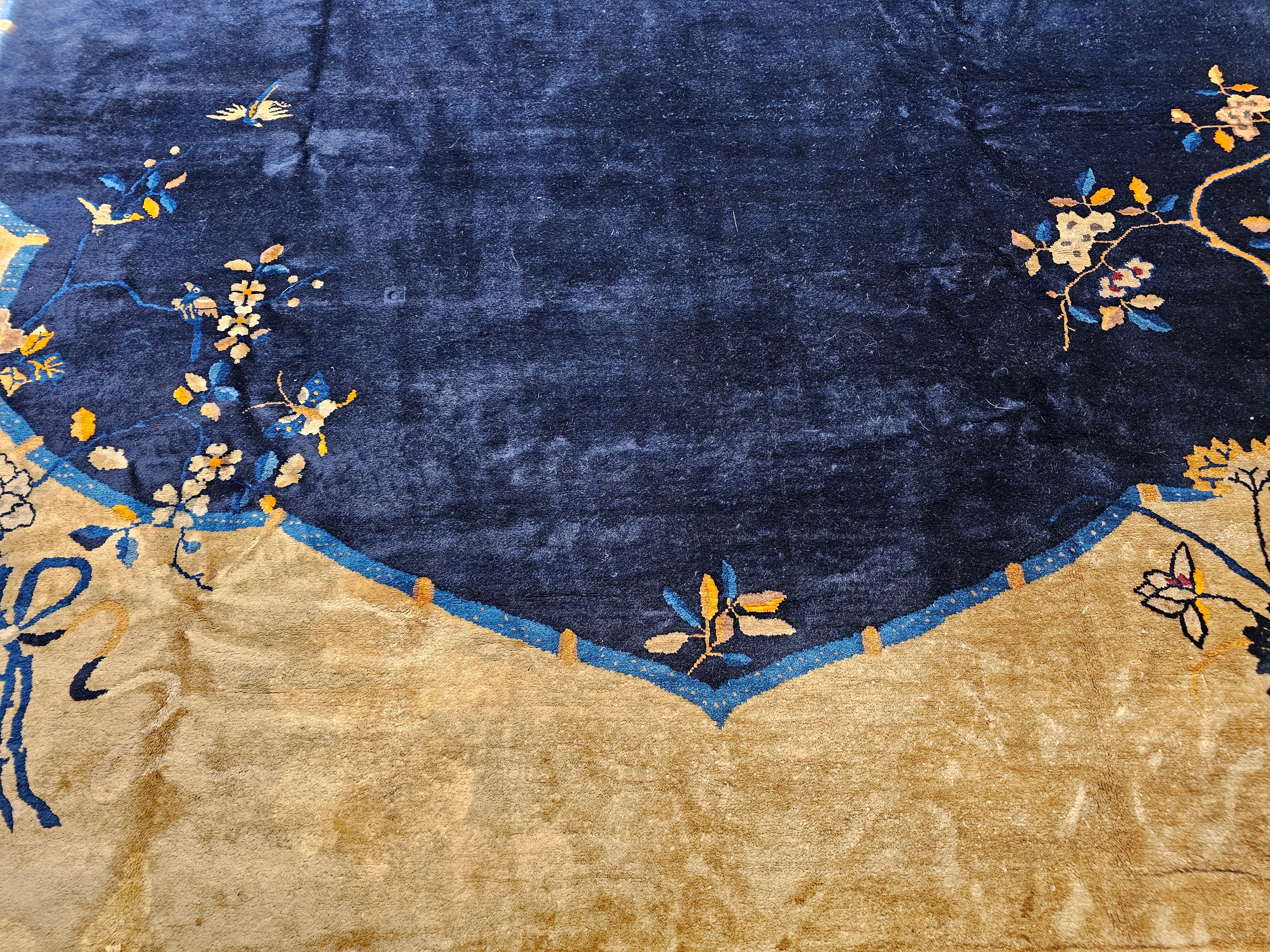 Wool Oversized Chinese Art Deco Rug with Birds & Butterflies on Navy Field For Sale