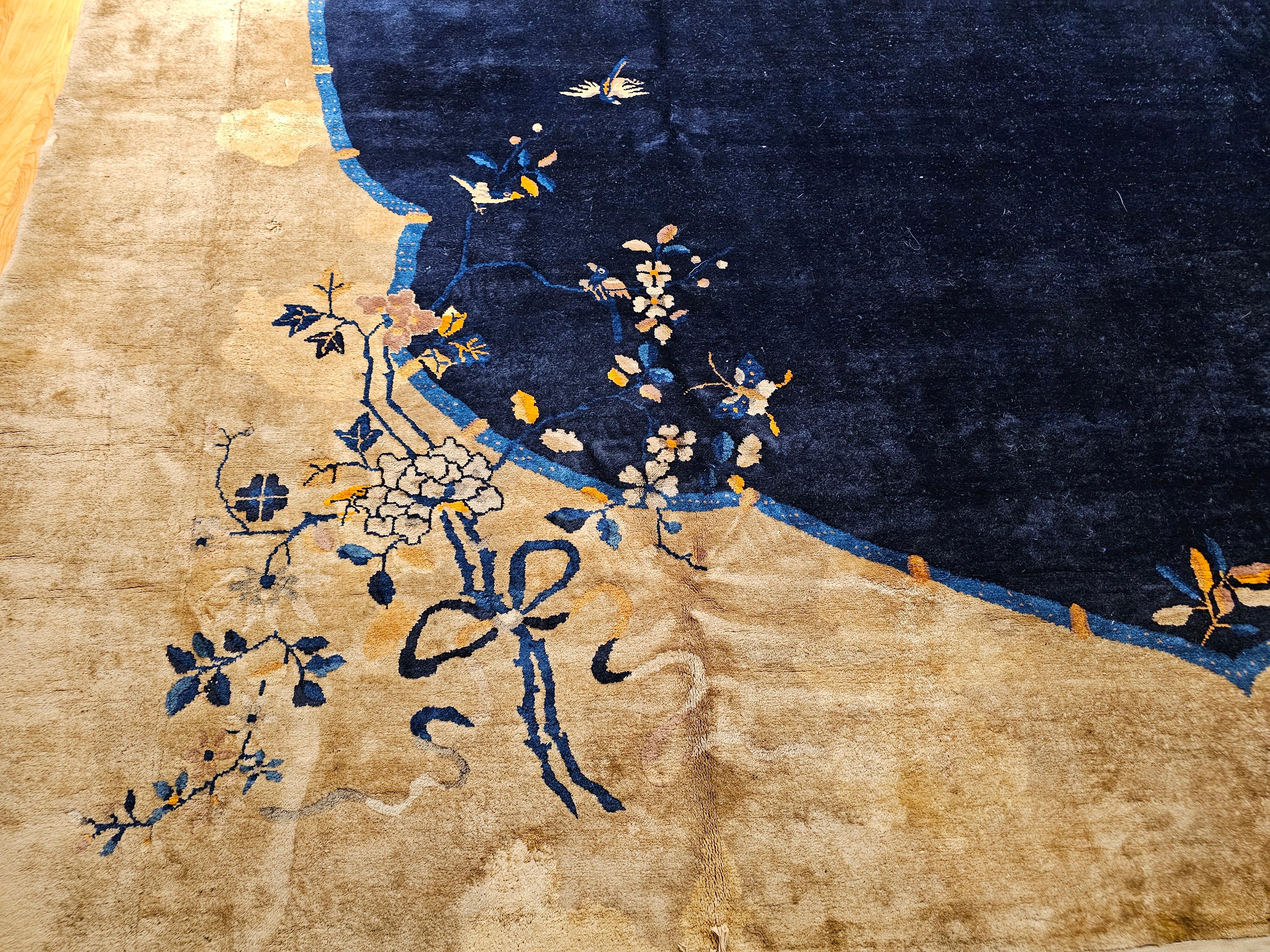 Oversized Chinese Art Deco Rug with Birds & Butterflies on Navy Field For Sale 1