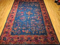 Oversize Vintage Art Deco Chinese Rug in French Blue, Red with Floral Motifs