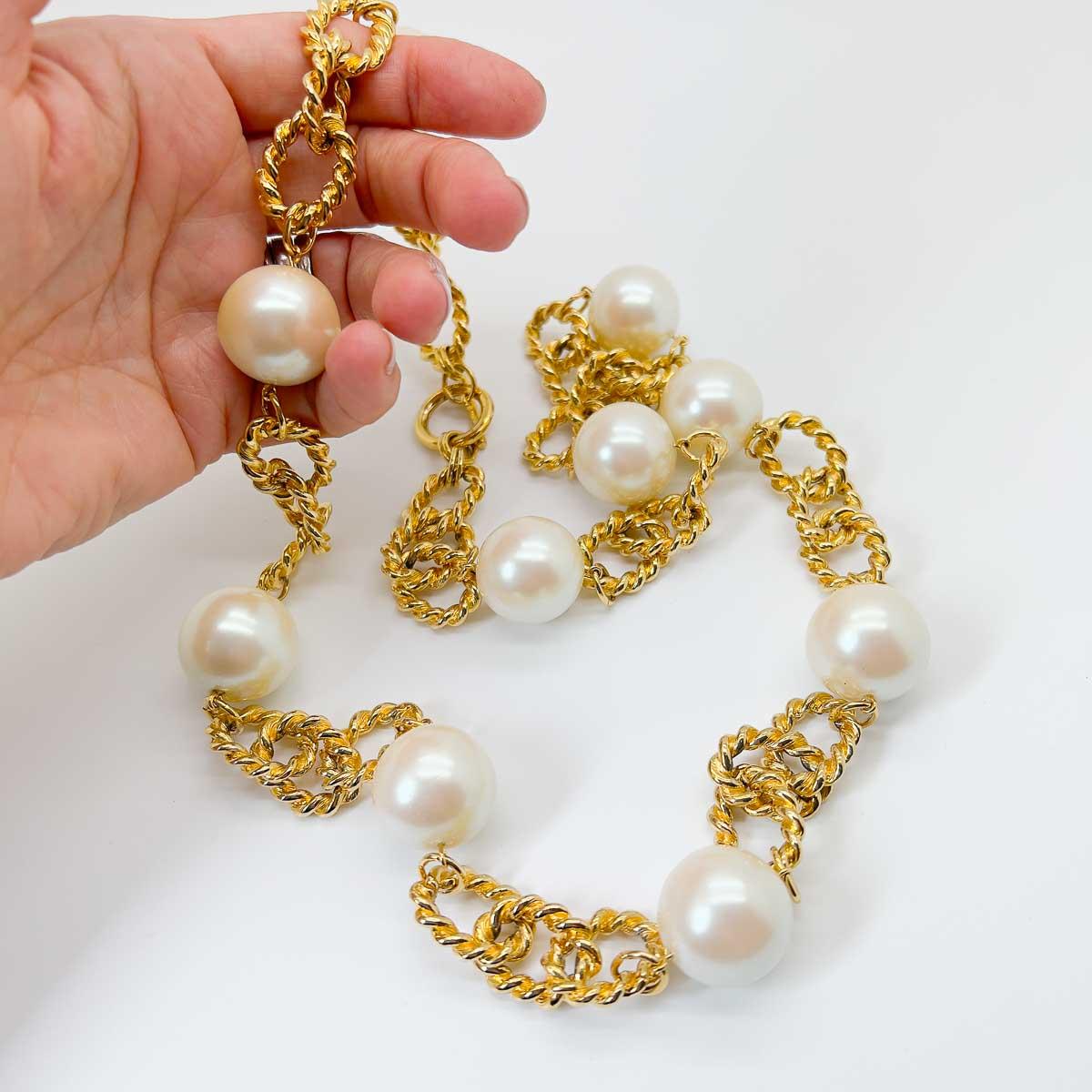 A Vintage Oversize Pearl Chain Necklace. Gigantic pearls punctuating a statement open-link rope chain, finished with a toggle clasp. The perfect timeless piece that is both chic and edgy.

An unsigned beauty. A rare treasure. Just because a jewel