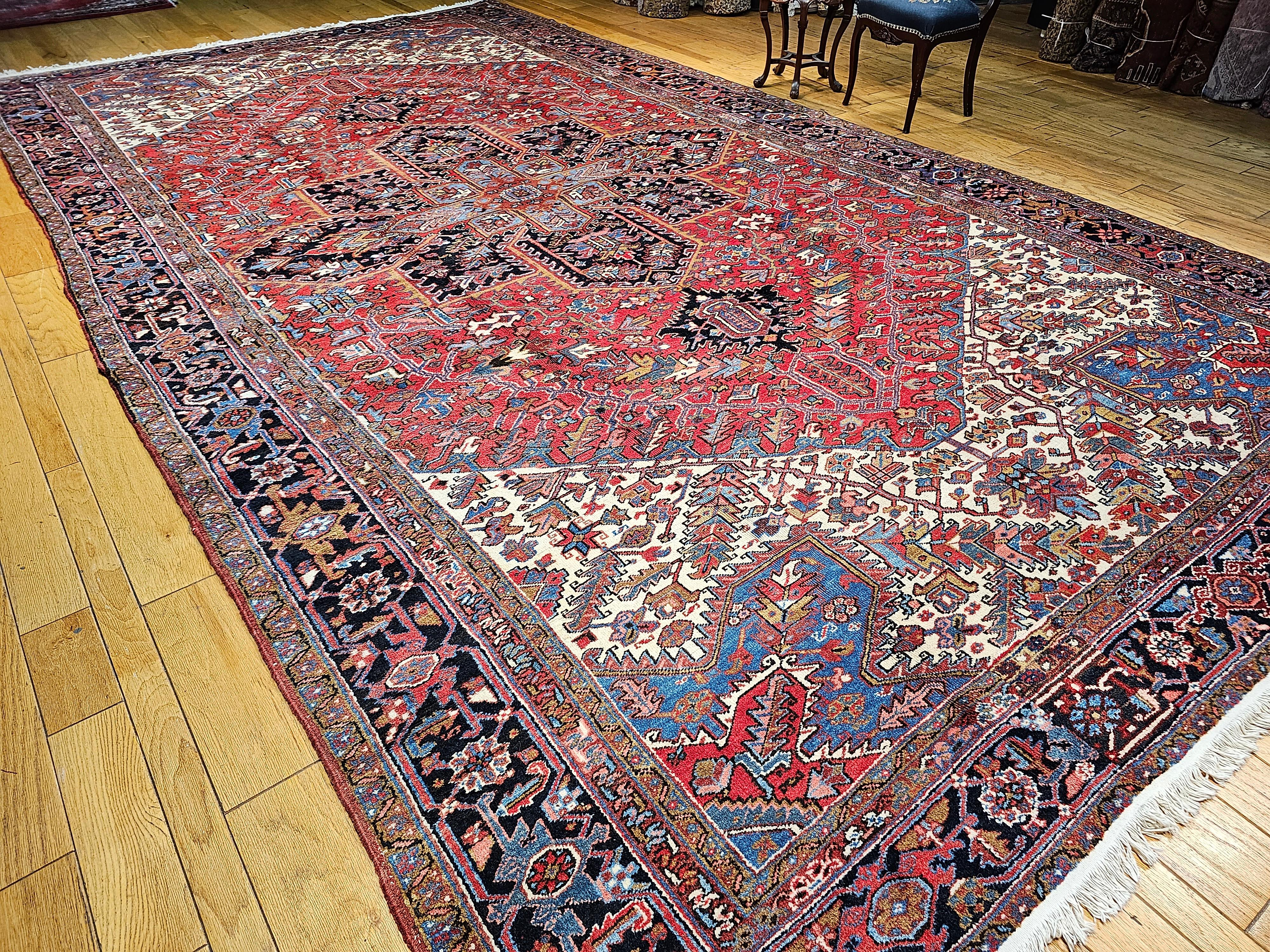 Vintage Oversize Persian Heriz Rug in Red, Navy, Ivory, Green, Blue, Brown For Sale 4