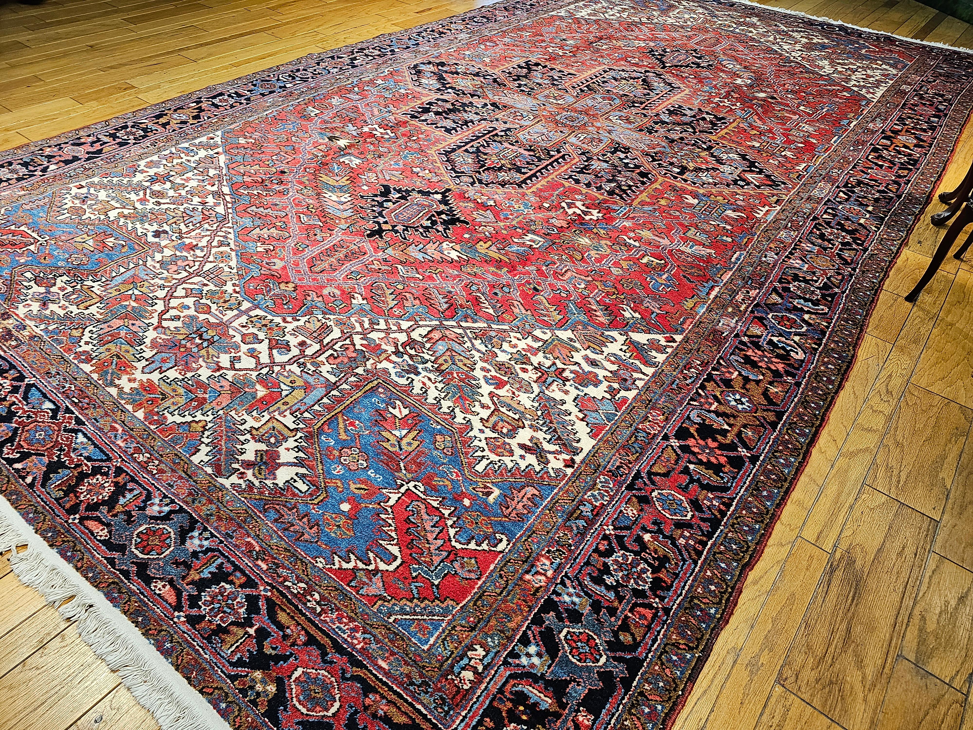 Vintage Oversize Persian Heriz Rug in Red, Navy, Ivory, Green, Blue, Brown For Sale 5