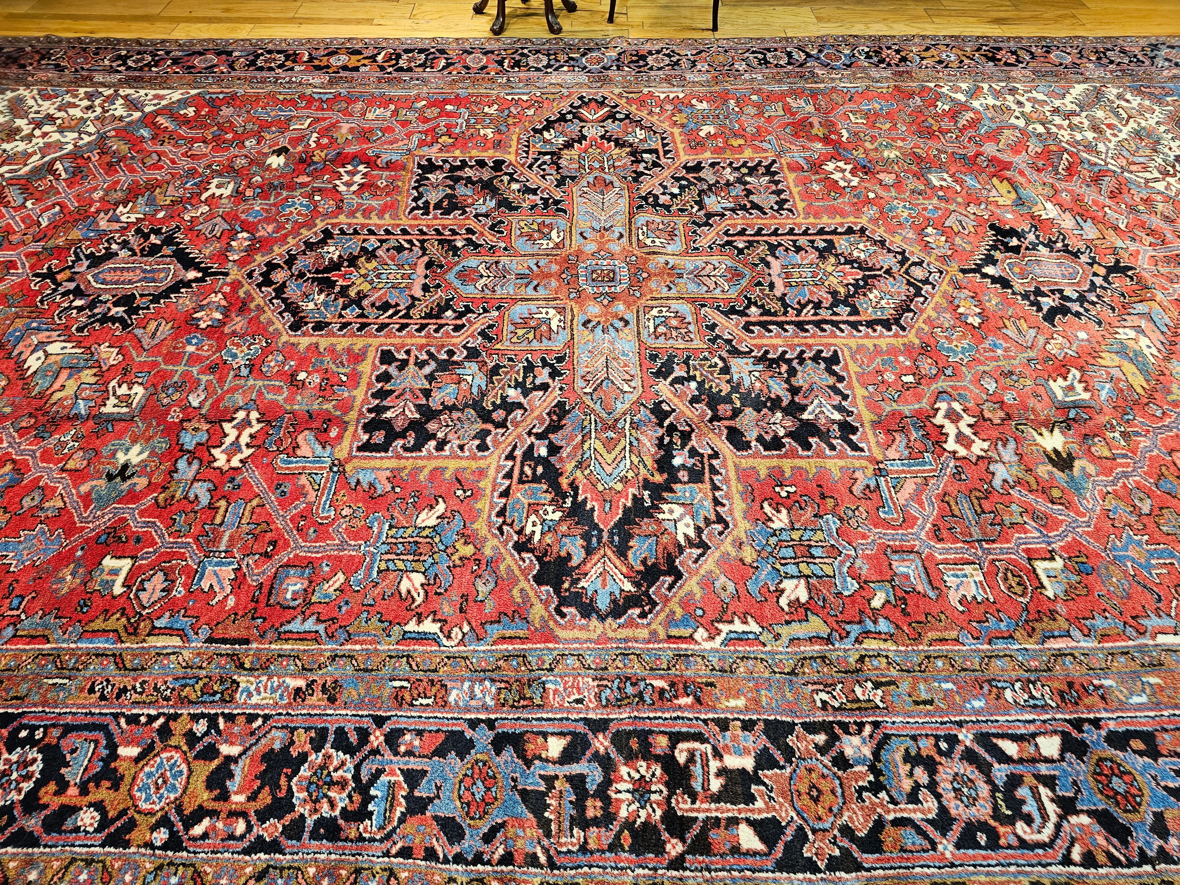 Vintage Oversize Persian Heriz Rug in Red, Navy, Ivory, Green, Blue, Brown For Sale 6