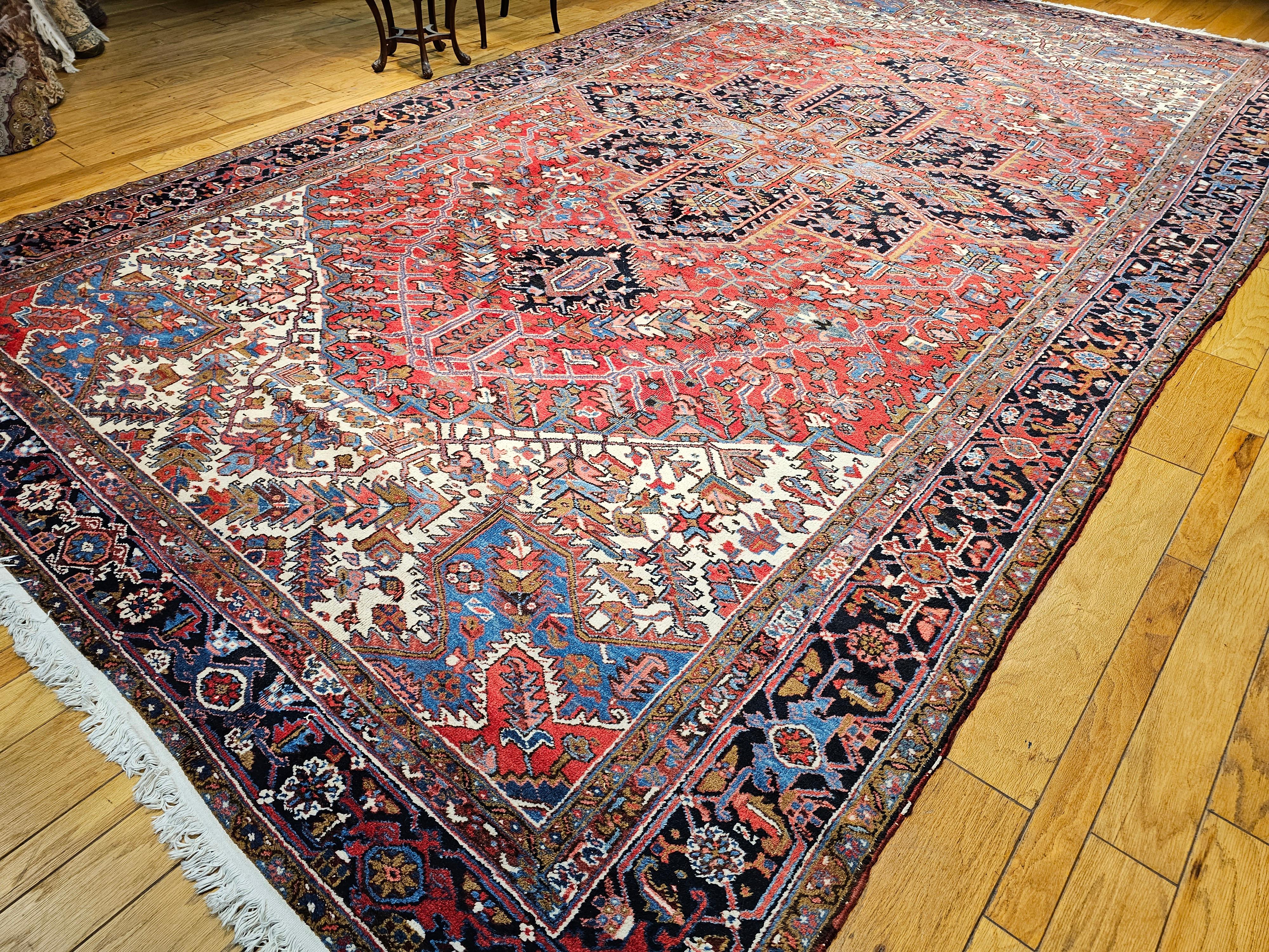 Vintage Oversize Persian Heriz Rug in Red, Navy, Ivory, Green, Blue, Brown For Sale 8
