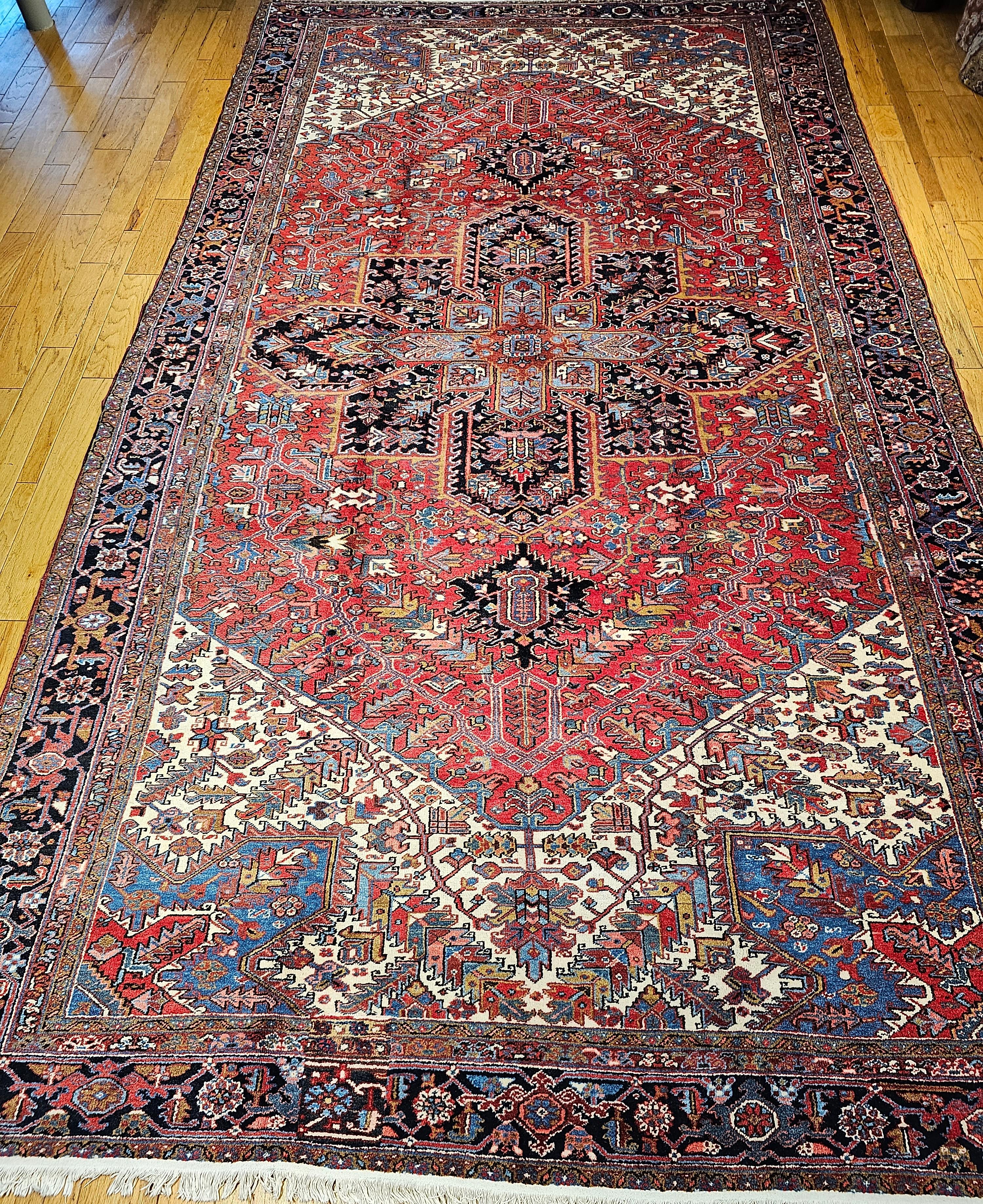 Vintage Oversize Persian Heriz Rug in Red, Navy, Ivory, Green, Blue, Brown For Sale 9
