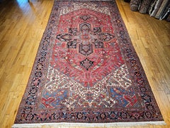 Vintage Oversize Persian Heriz Rug in Red, Navy, Ivory, Green, Blue, Brown