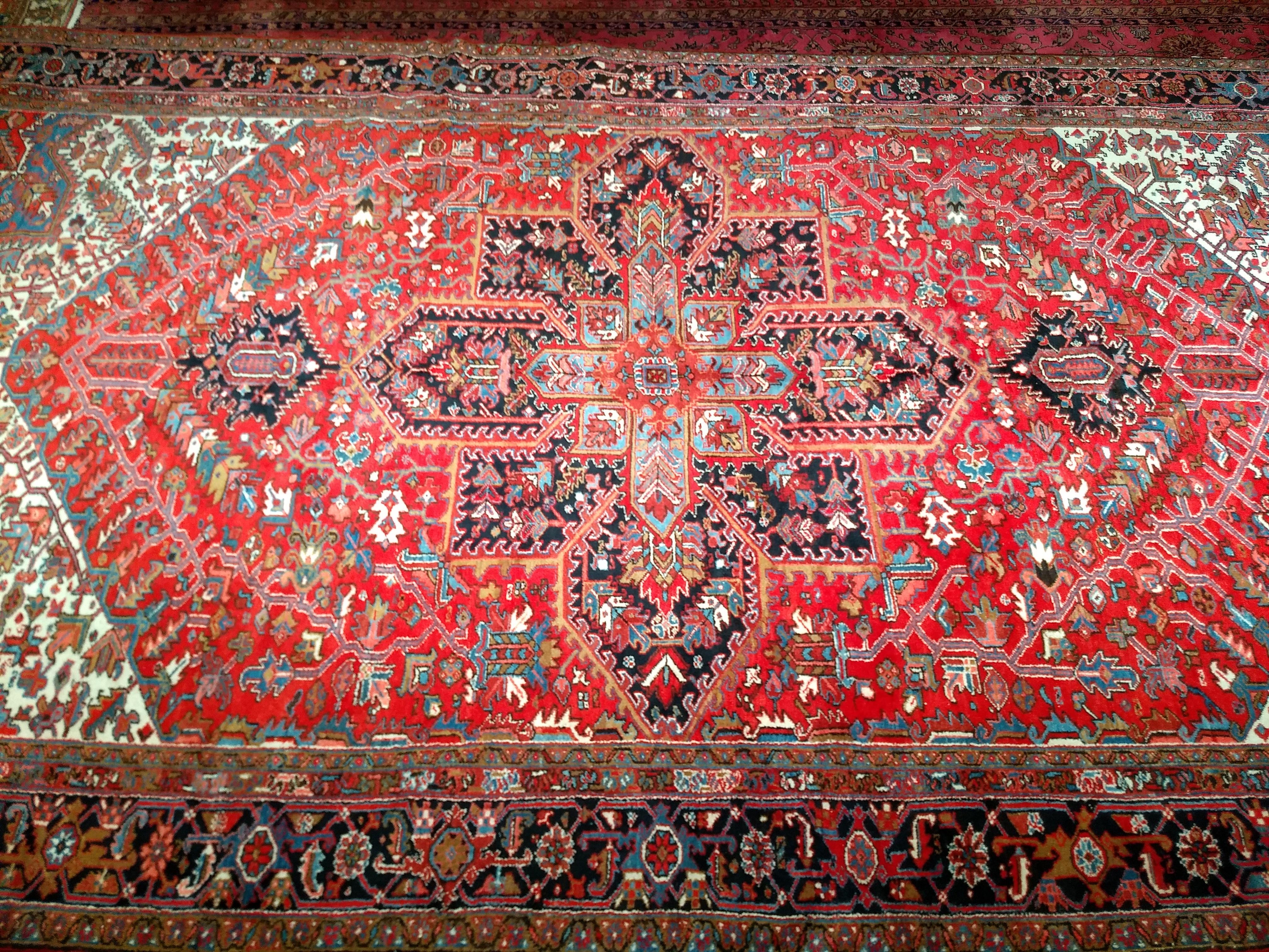 Wool Vintage Oversize Persian Heriz Rug in Red, Navy, Ivory, Green, Blue, Brown For Sale