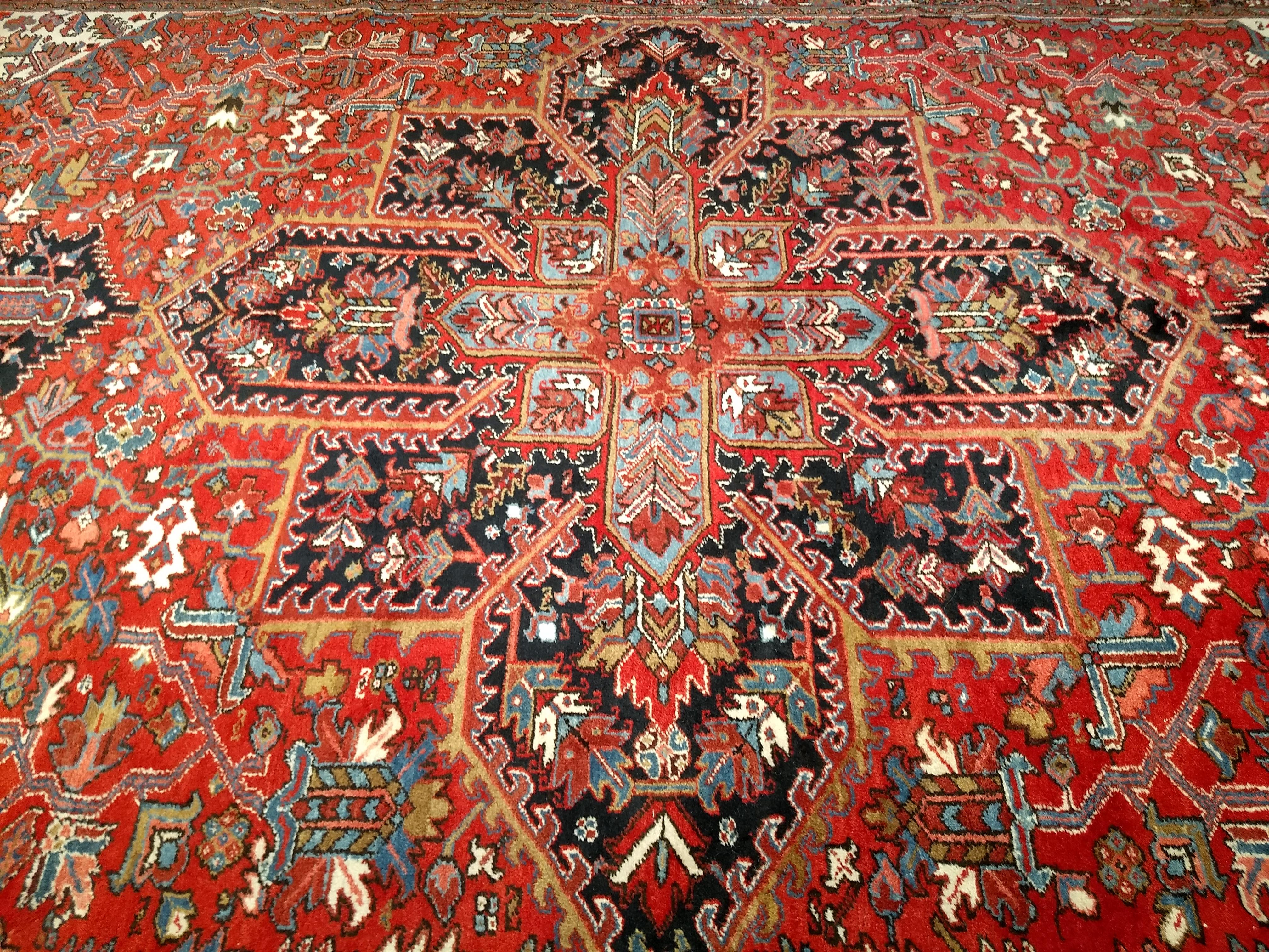 Vintage Oversize Persian Heriz Rug in Red, Navy, Ivory, Green, Blue, Brown For Sale 1