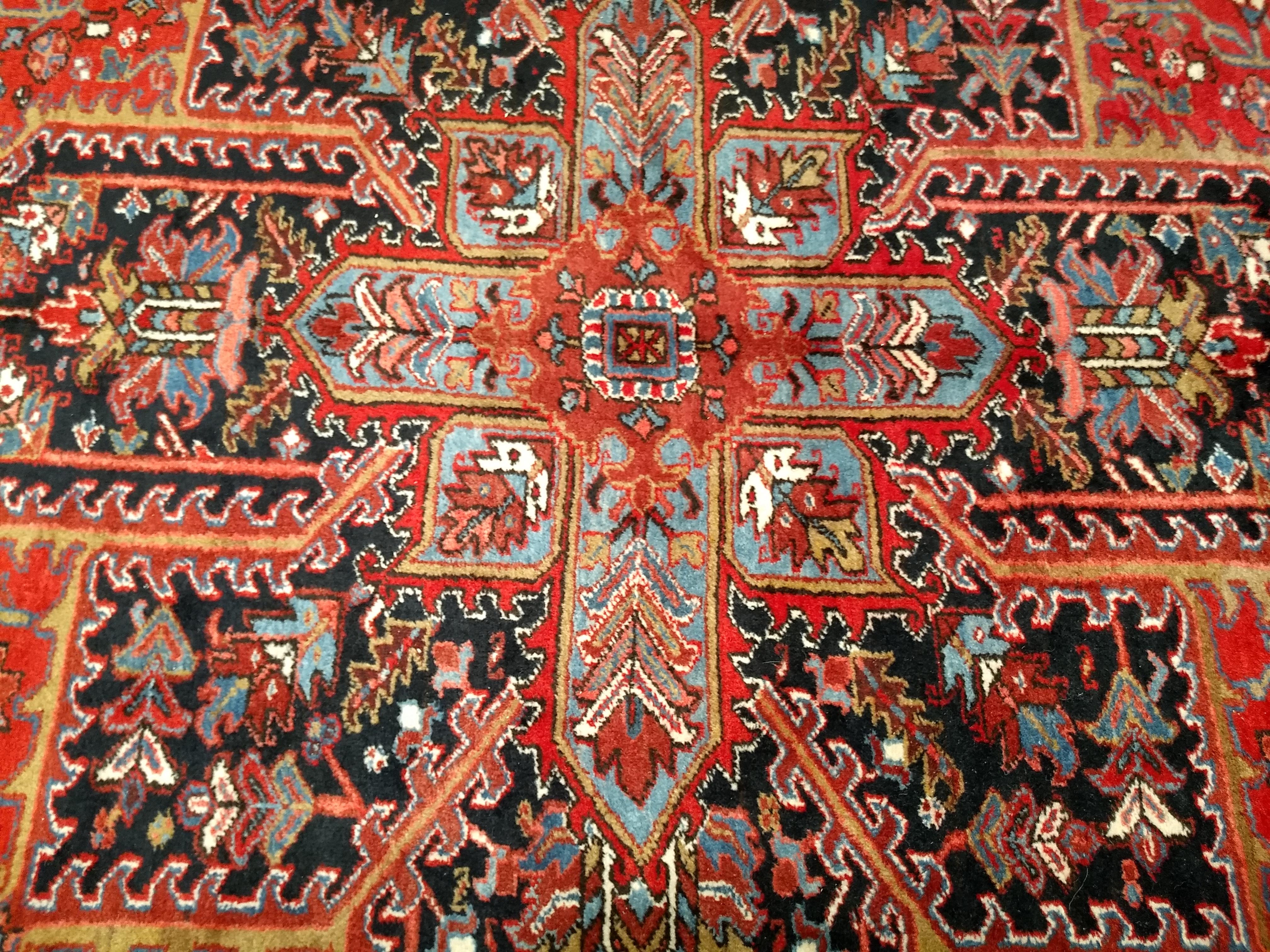 Vintage Oversize Persian Heriz Rug in Red, Navy, Ivory, Green, Blue, Brown For Sale 2