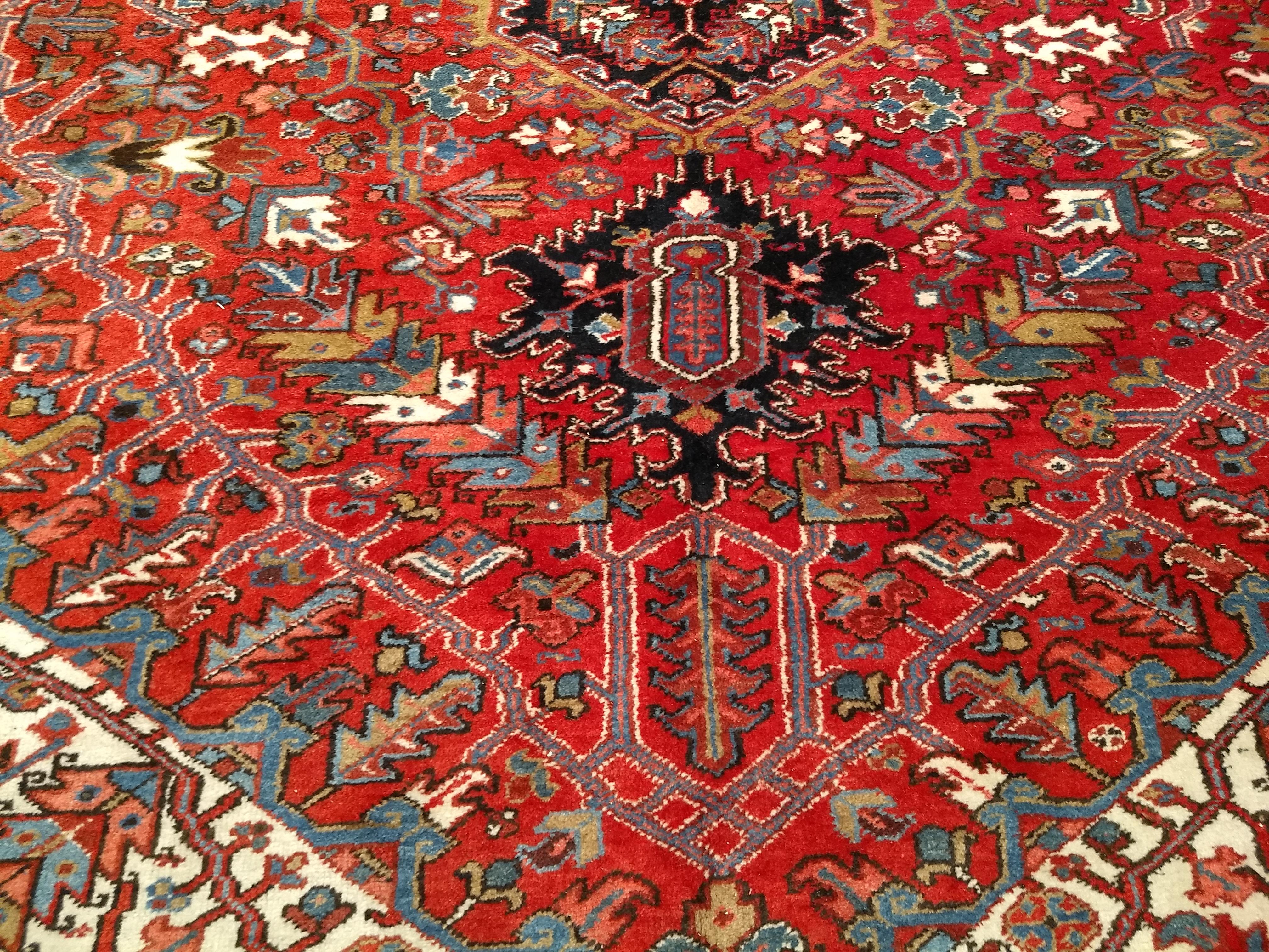 Vintage Oversize Persian Heriz Rug in Red, Navy, Ivory, Green, Blue, Brown For Sale 3
