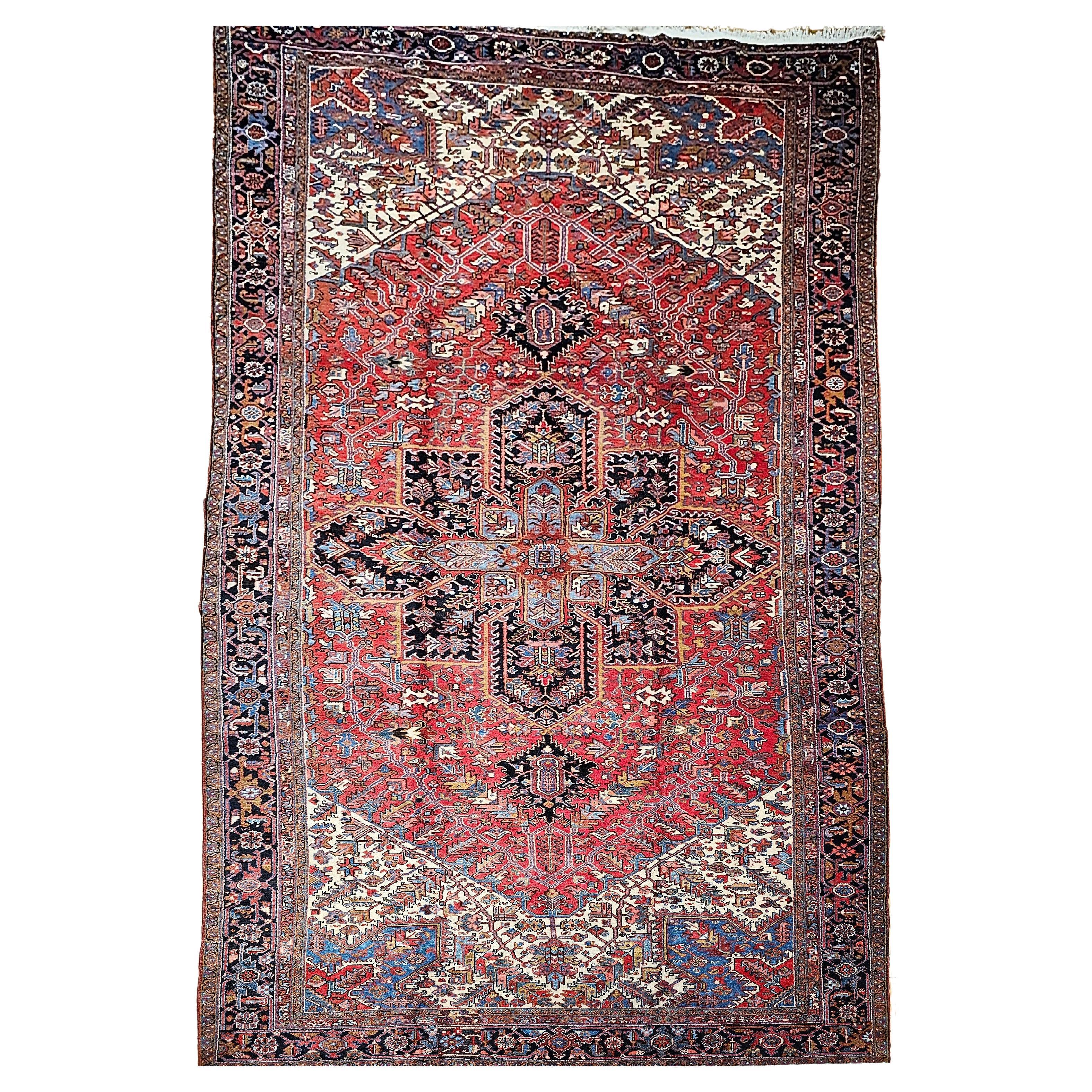 Vintage Oversize Persian Heriz Rug in Red, Navy, Ivory, Green, Blue, Brown For Sale