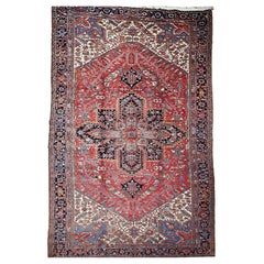 Retro Oversize Persian Heriz Rug in Red, Navy, Ivory, Green, Blue, Brown