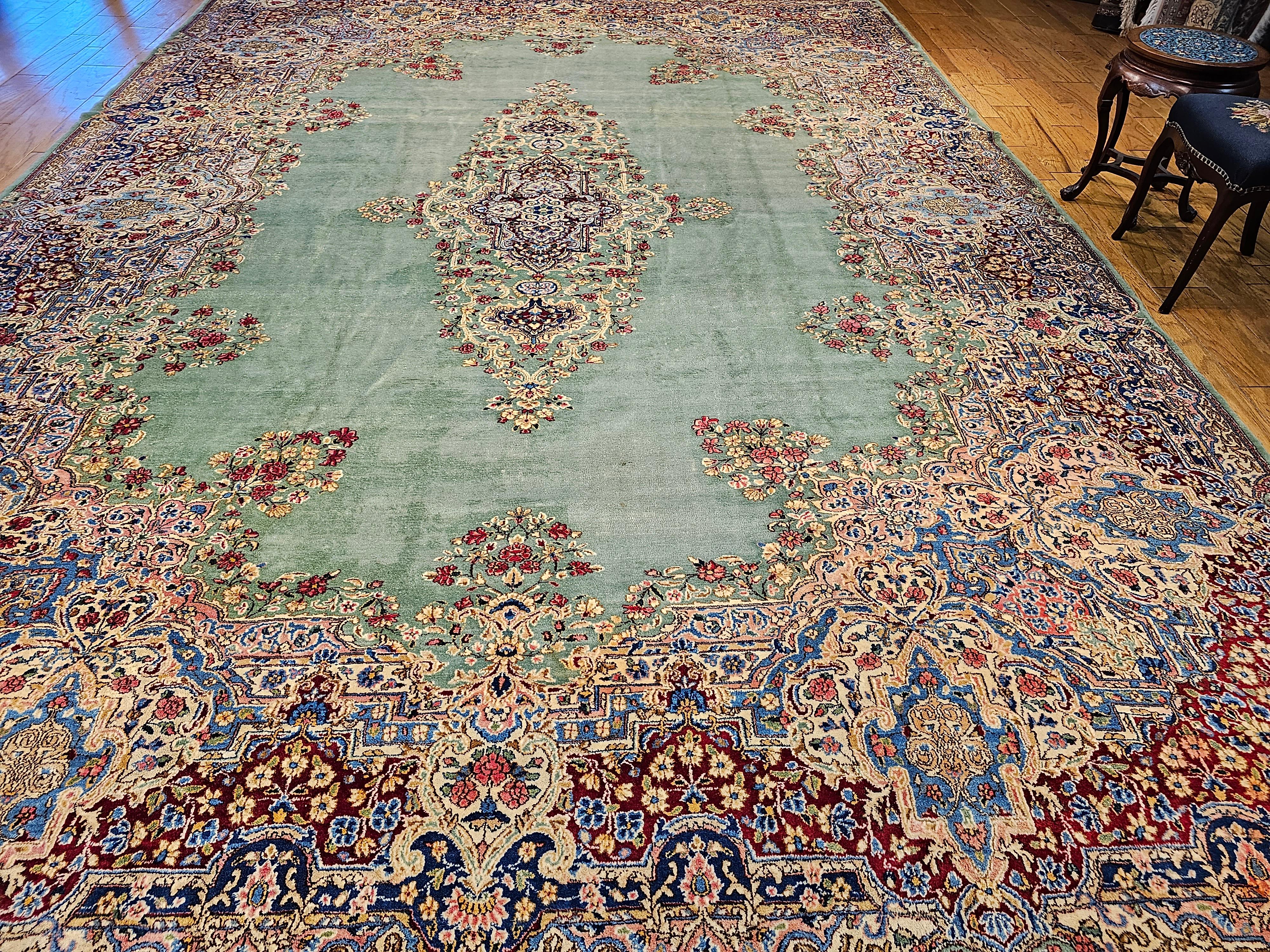 Vintage Oversize Persian Kerman in Floral Pattern in Pale Green, Red, Blue, Pink For Sale 4