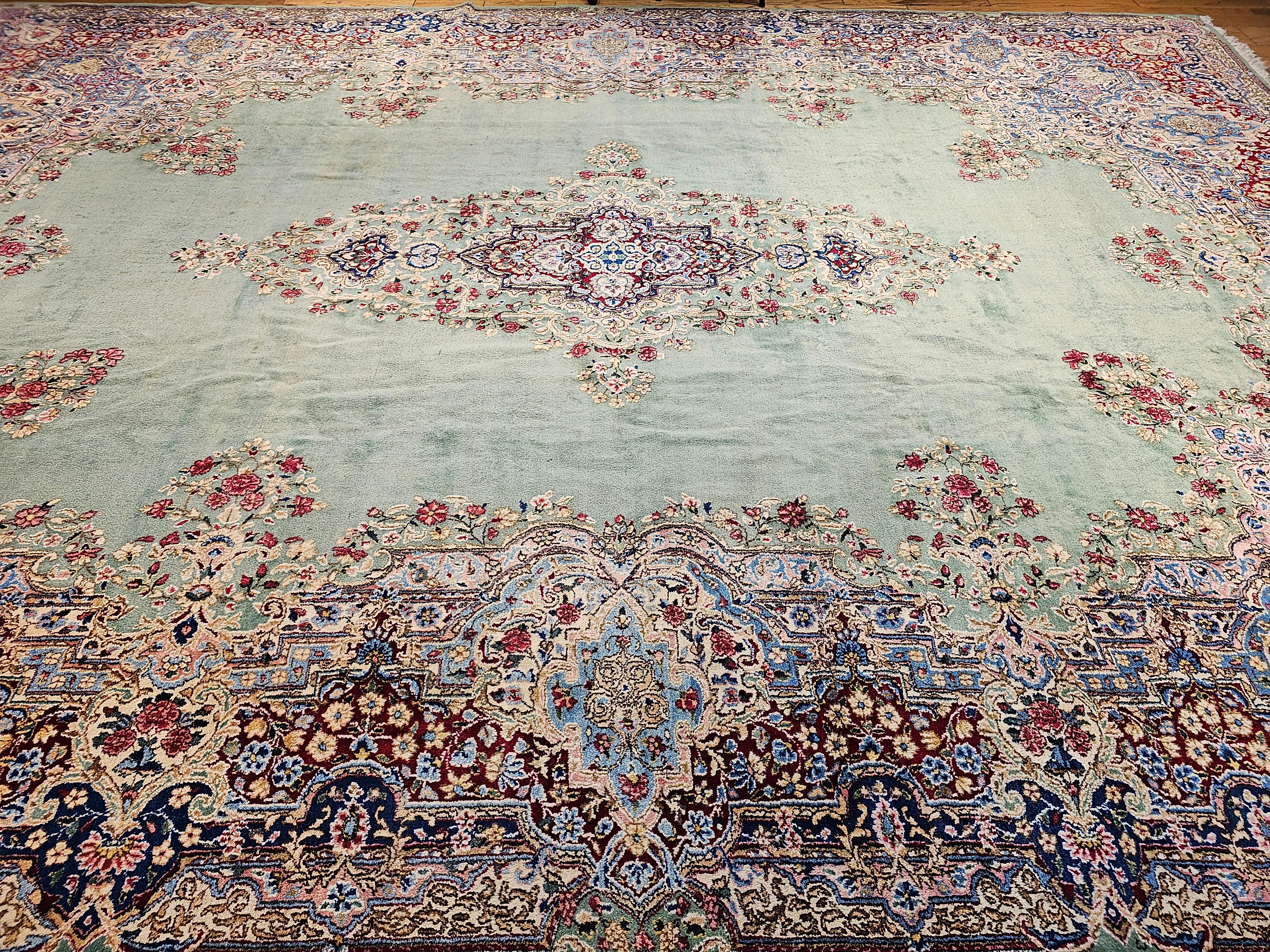 Vintage Oversize Persian Kerman in Floral Pattern in Pale Green, Red, Blue, Pink For Sale 5